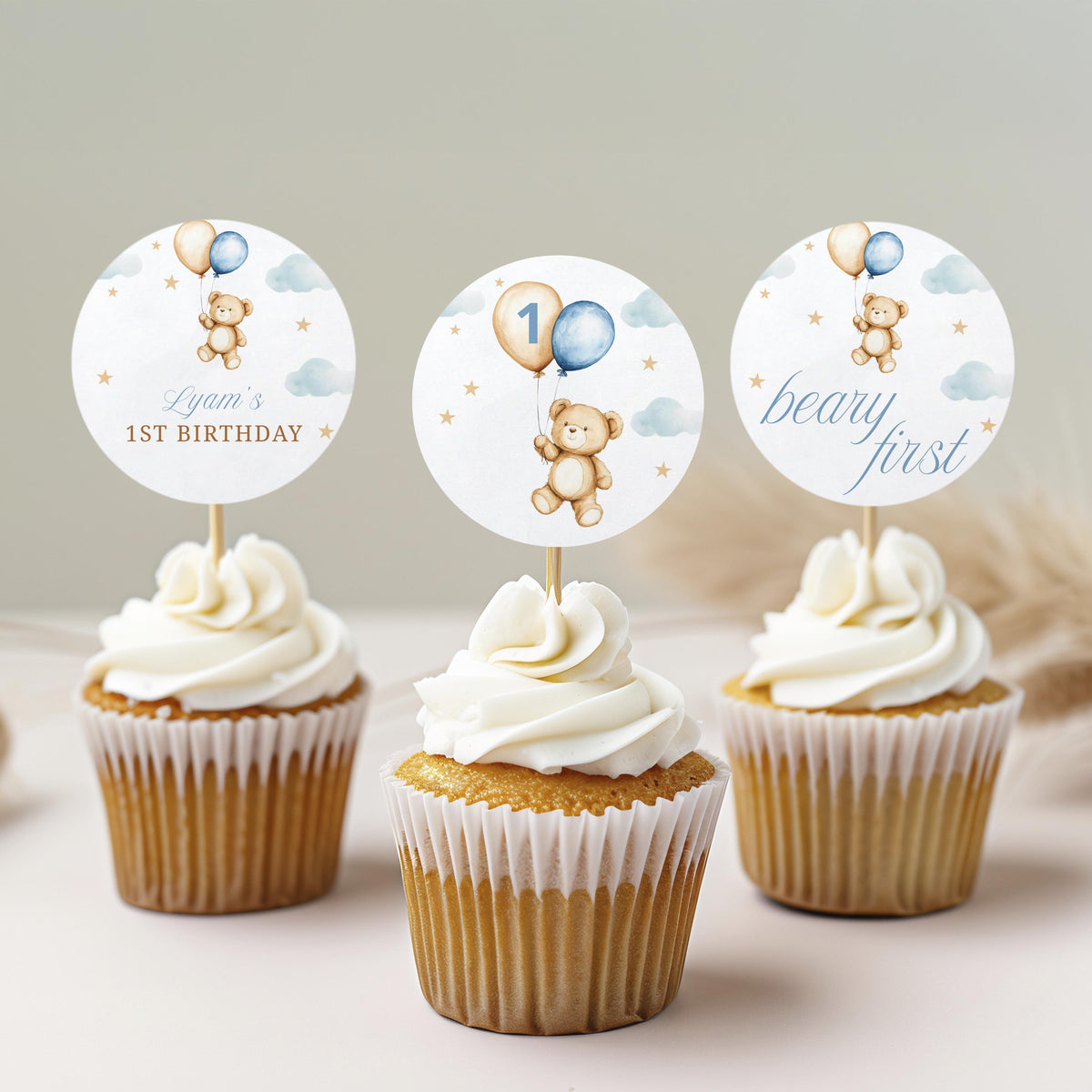 Teddy Bear Birthday Cupcake Toppers, Beary First Cupcake Toppers