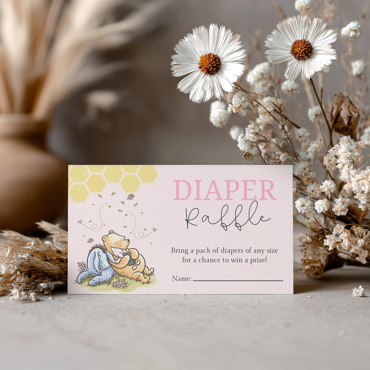 Pink Winnie the Pooh Diaper Raffle Card, Printable Nappy Raffle Cards