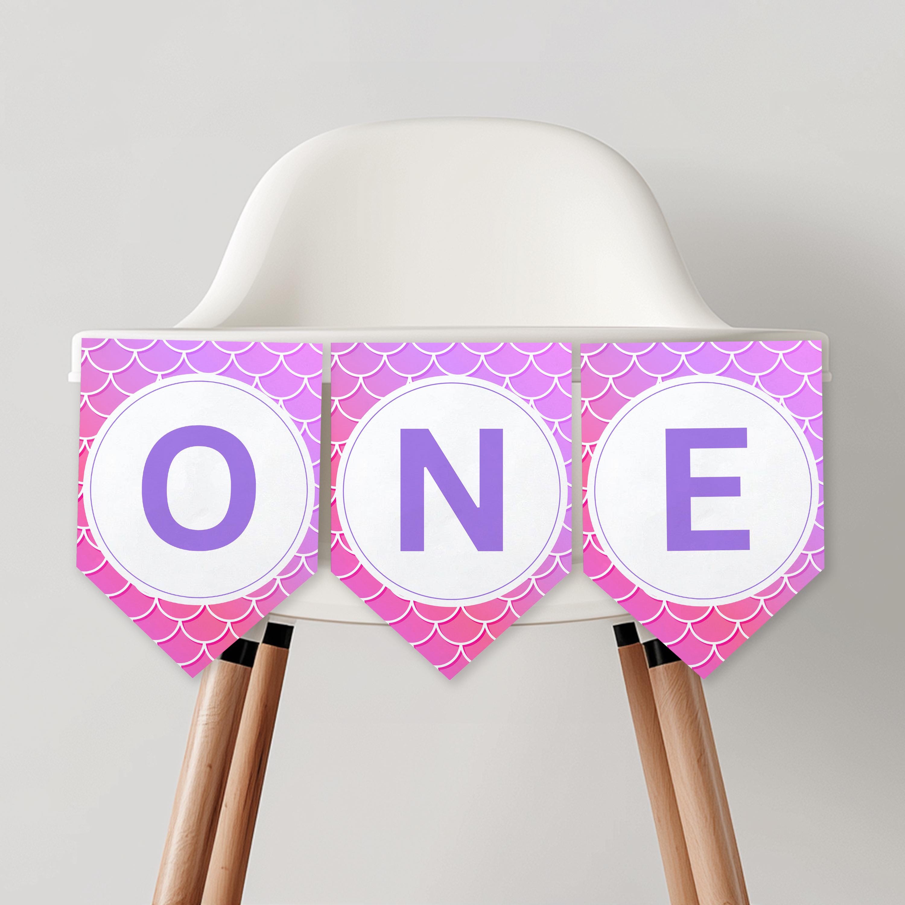 Mermaid High Chair Banner , Mermaid First Girl Birthday Party Decor, Pink Printable Flag 9168