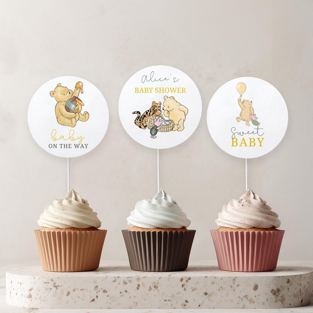 Winnie the Pooh Baby Shower Cupcake toppers, Party Cake topper