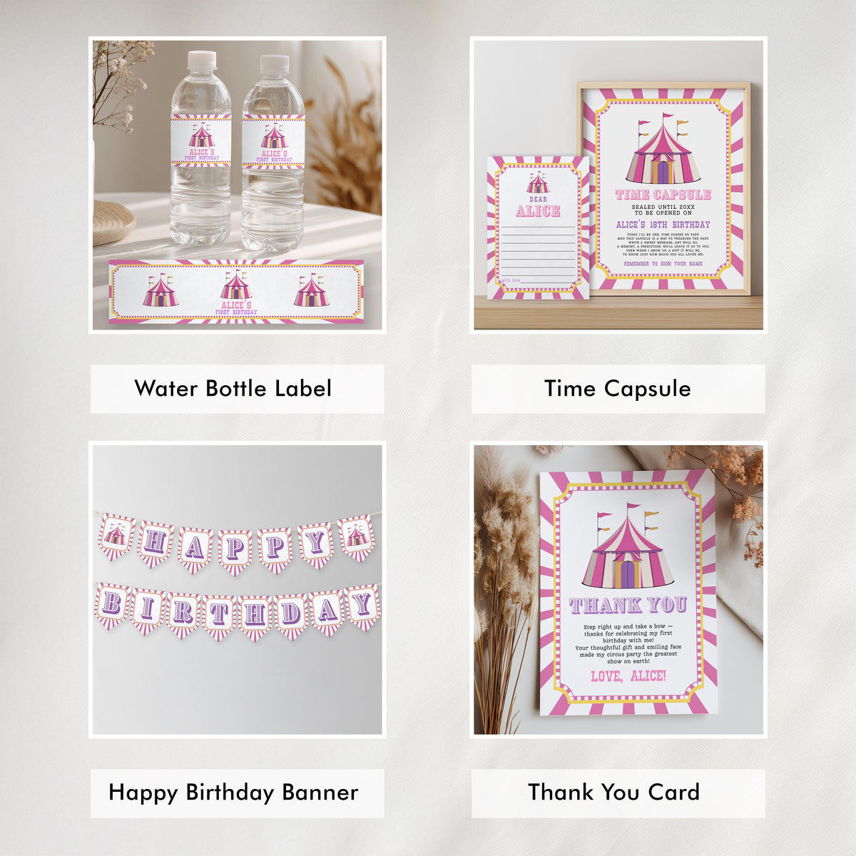Pink Circus Bundle Birthday , Carnival 1st Party Decorations, Printable Party Set