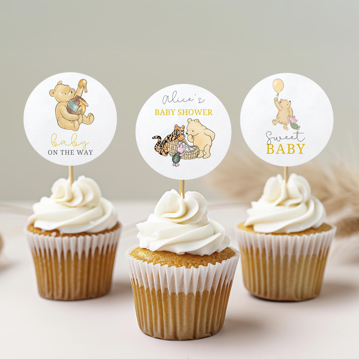 Winnie the Pooh Baby Shower Cupcake toppers, Party Cake topper