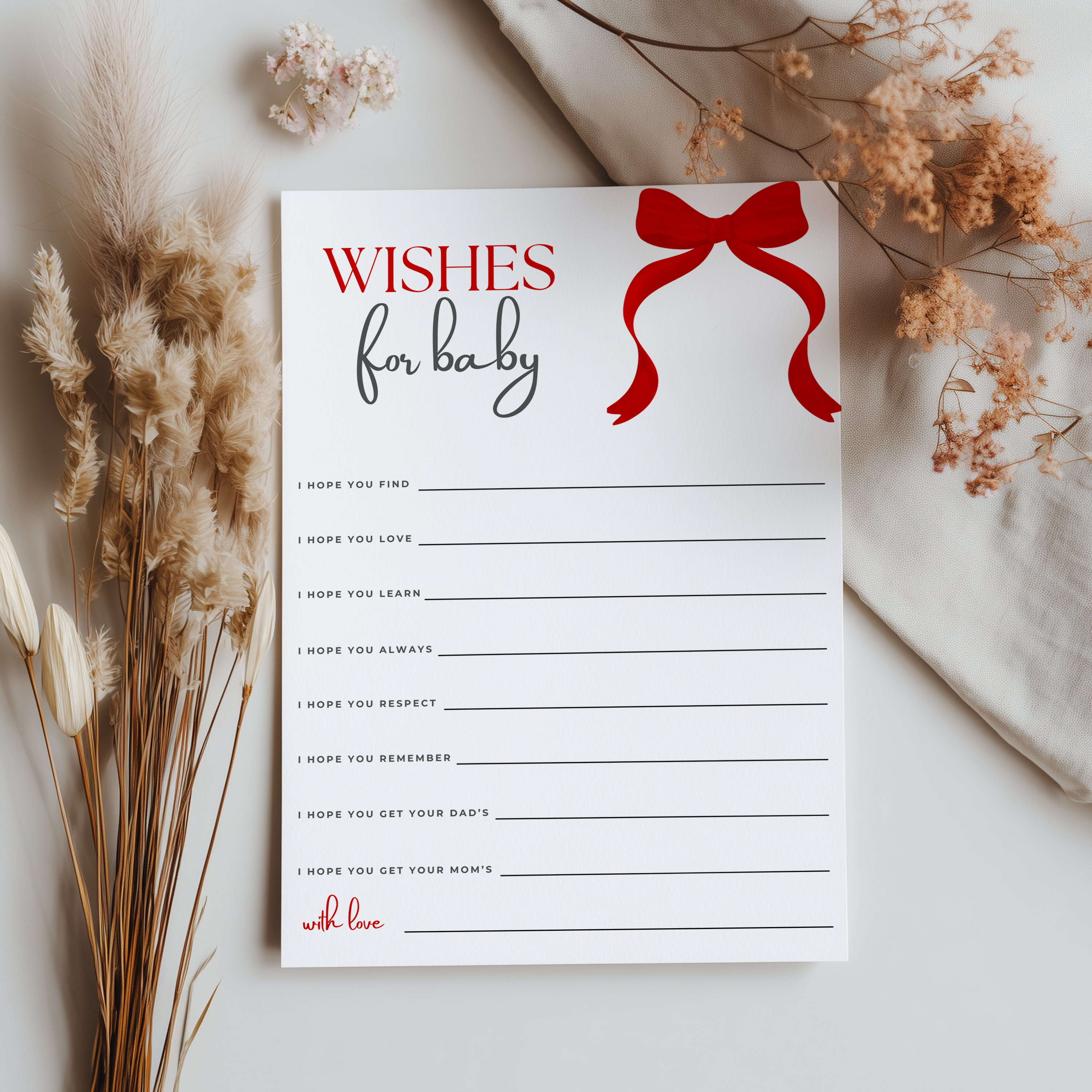 Red Bow Baby Shower Advice, Wishes and Predictions, Gender Neutral 9301