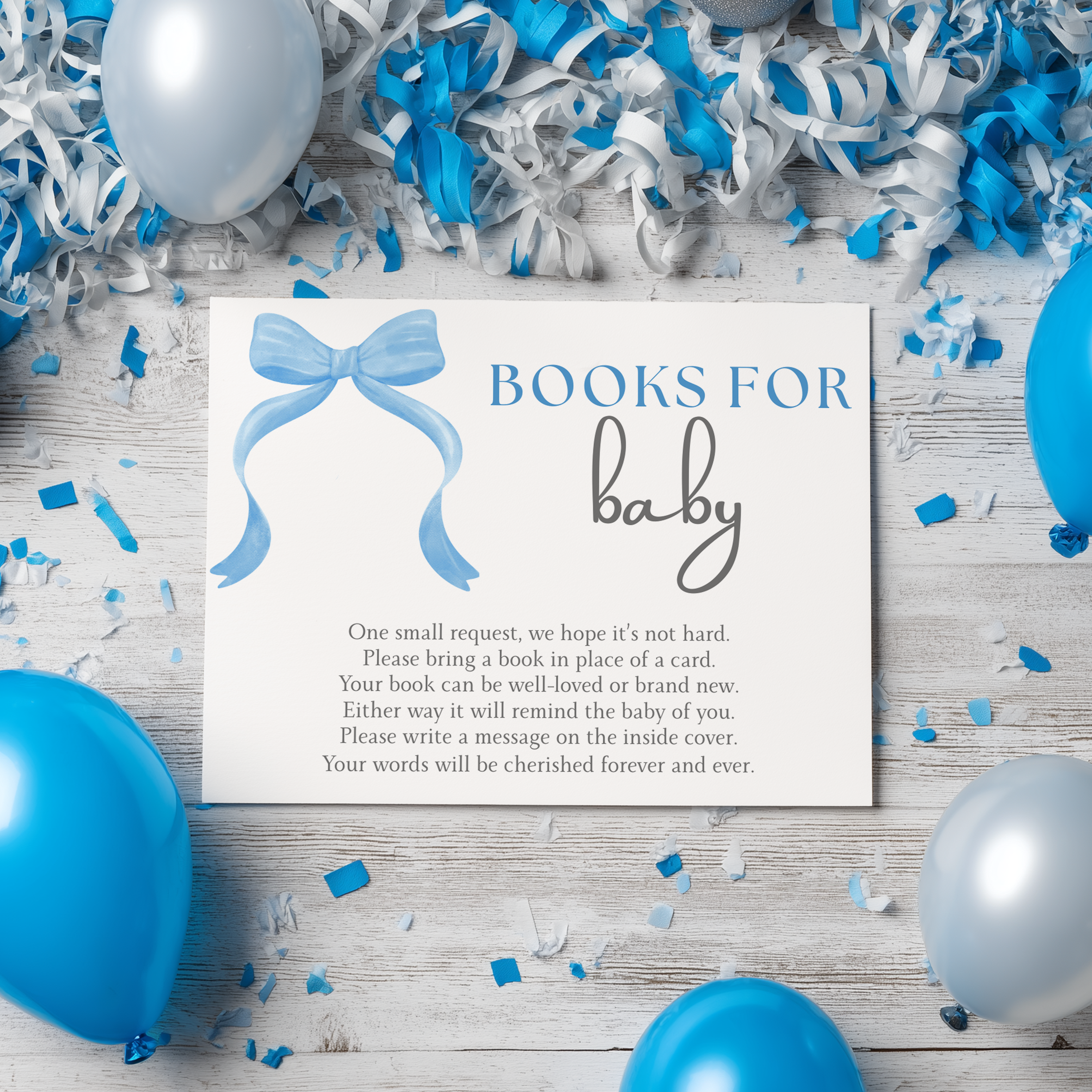 Blue Bow Books For Baby Printable, Baby Shower Book Request Cards 9304