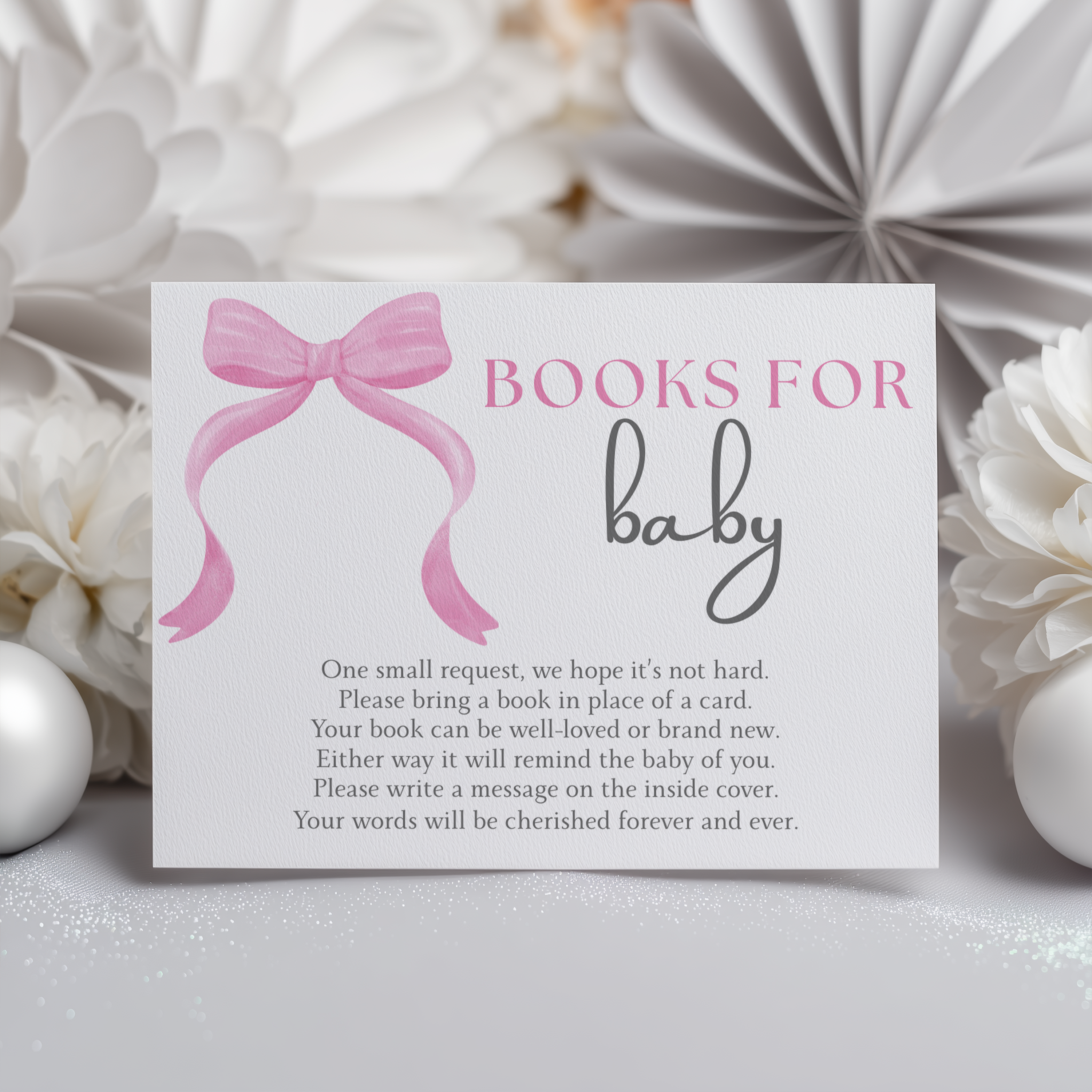 Pink Bow Books For Baby Printable, Baby Girl, Coquette Baby Shower Book Request Cards 9303