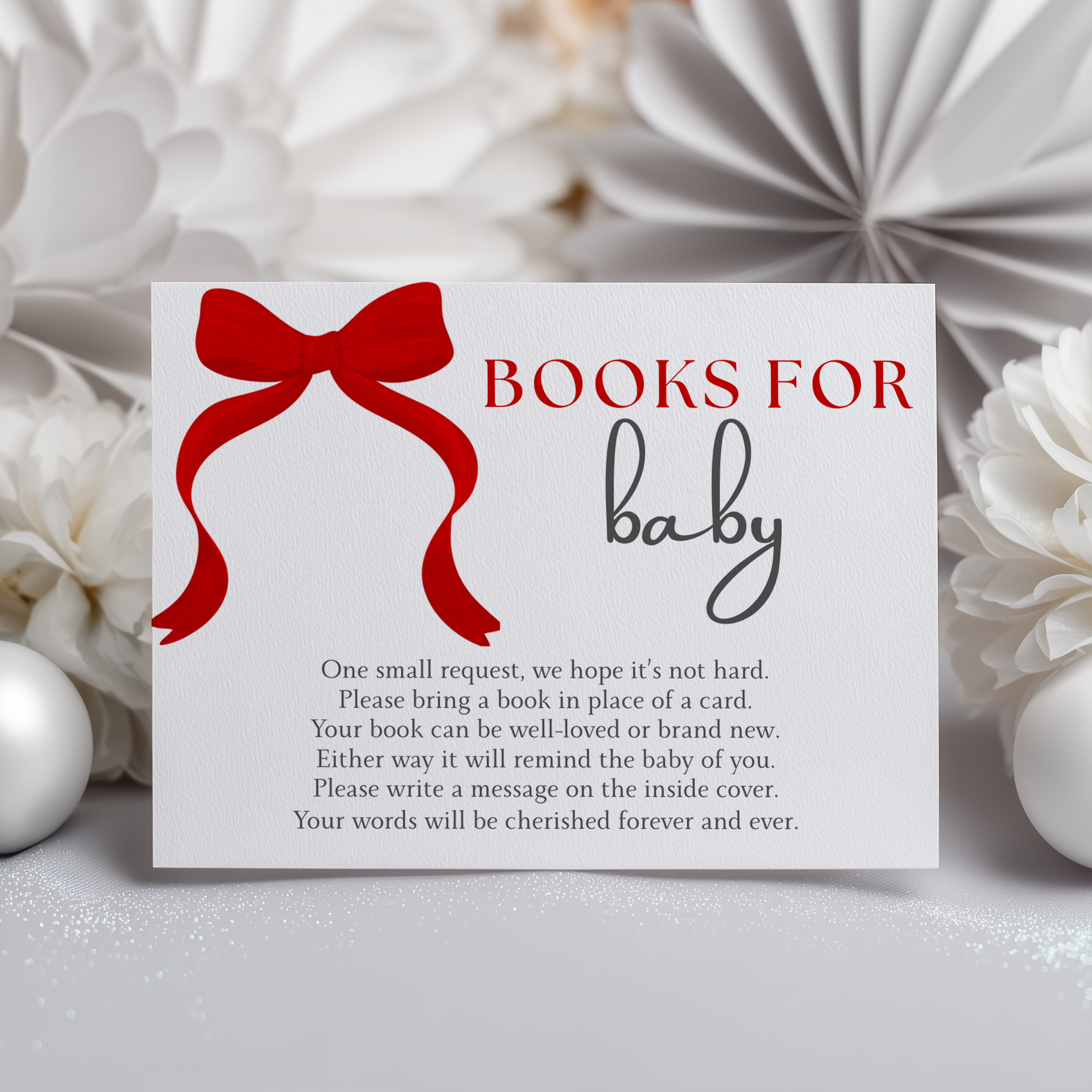 Red Bow Books For Baby Printable, Gender Neutral, Baby Shower Book Request Cards 9301