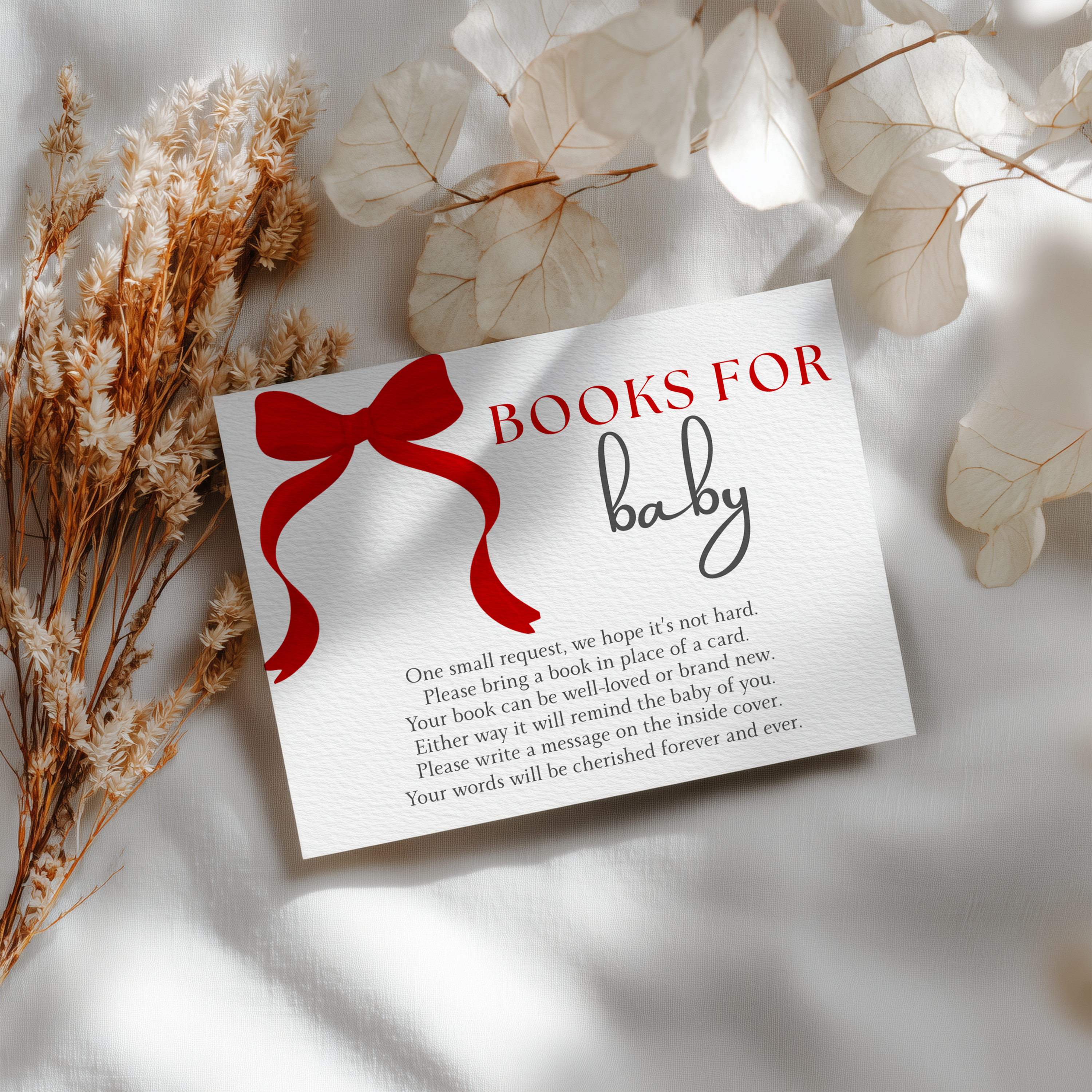 Red Bow Books For Baby Printable, Gender Neutral, Baby Shower Book Request Cards 9301