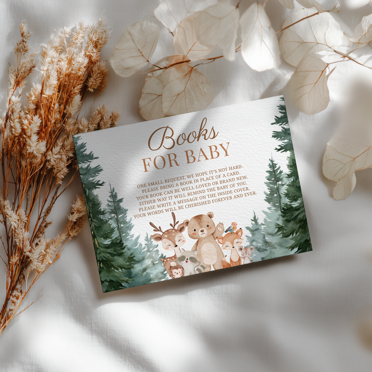 Woodland Books For Baby Printable, Baby Shower Book Request Cards