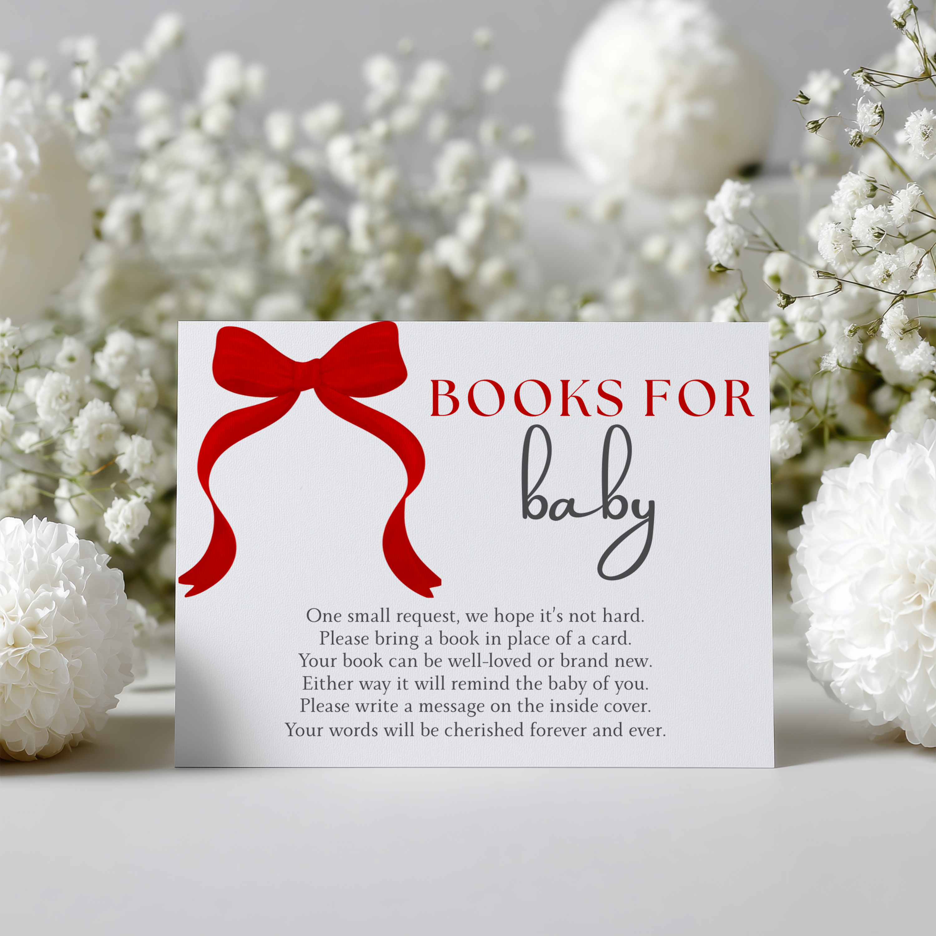Red Bow Books For Baby Printable, Gender Neutral, Baby Shower Book Request Cards 9301