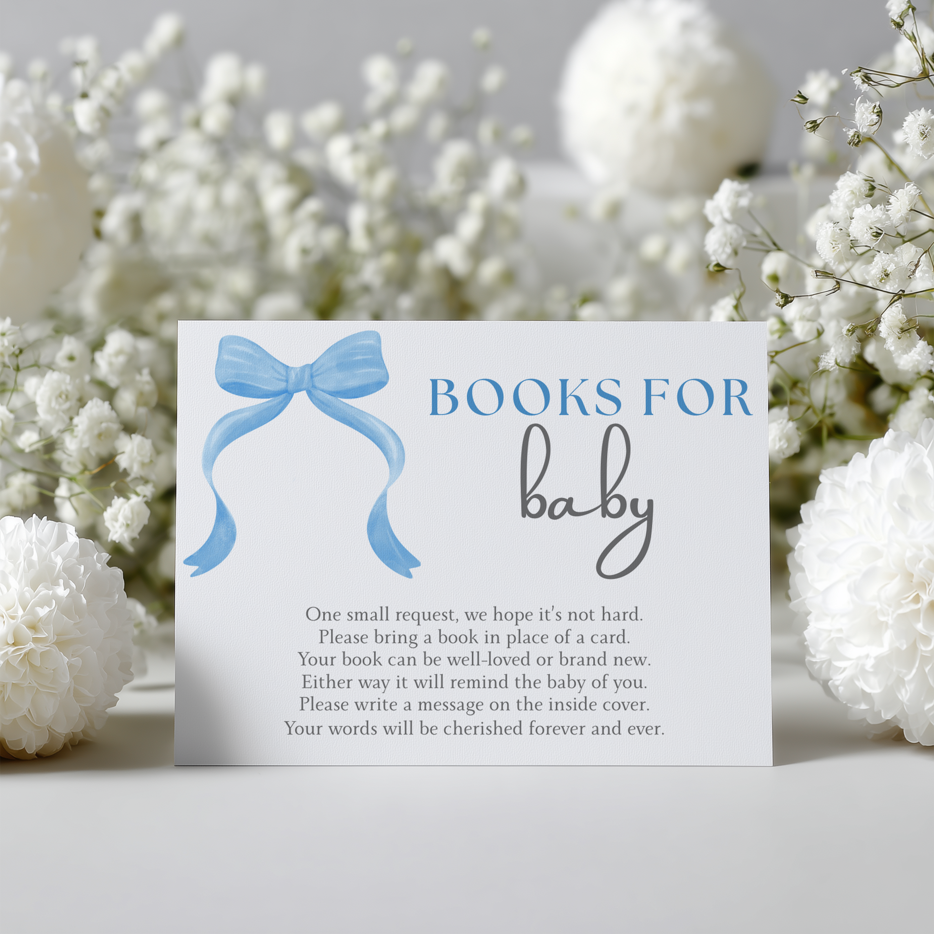 Blue Bow Books For Baby Printable, Baby Shower Book Request Cards 9304