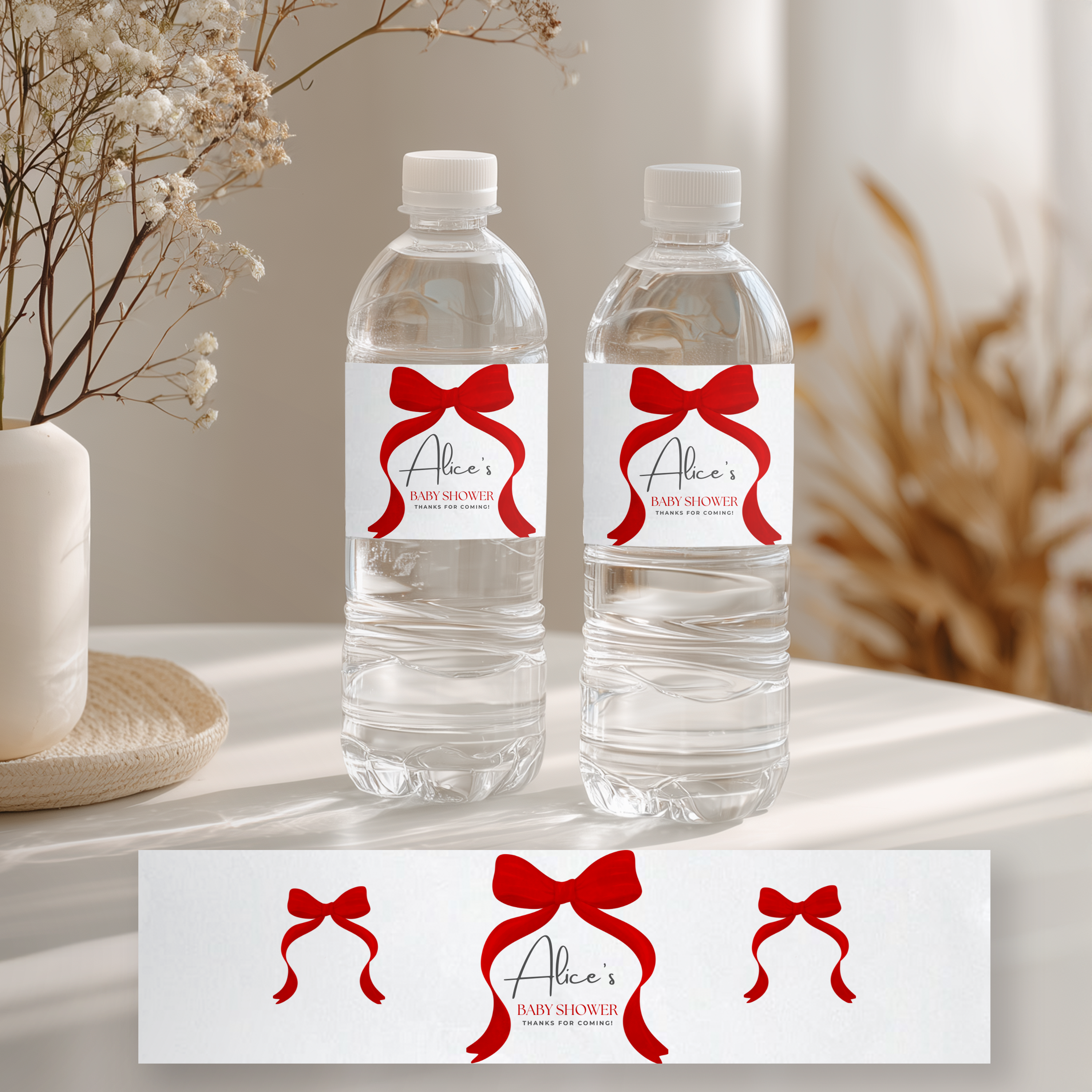 Red Bow Water Bottle Labels, Gender Neutral, Red Ribbon Baby Shower Label 9301