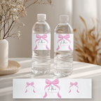 Pink Bow Party Birthday Bottle Label, Coquette Pink Bow Water Bottle Label, First Birthday Party Decorations, Instant Download 9156