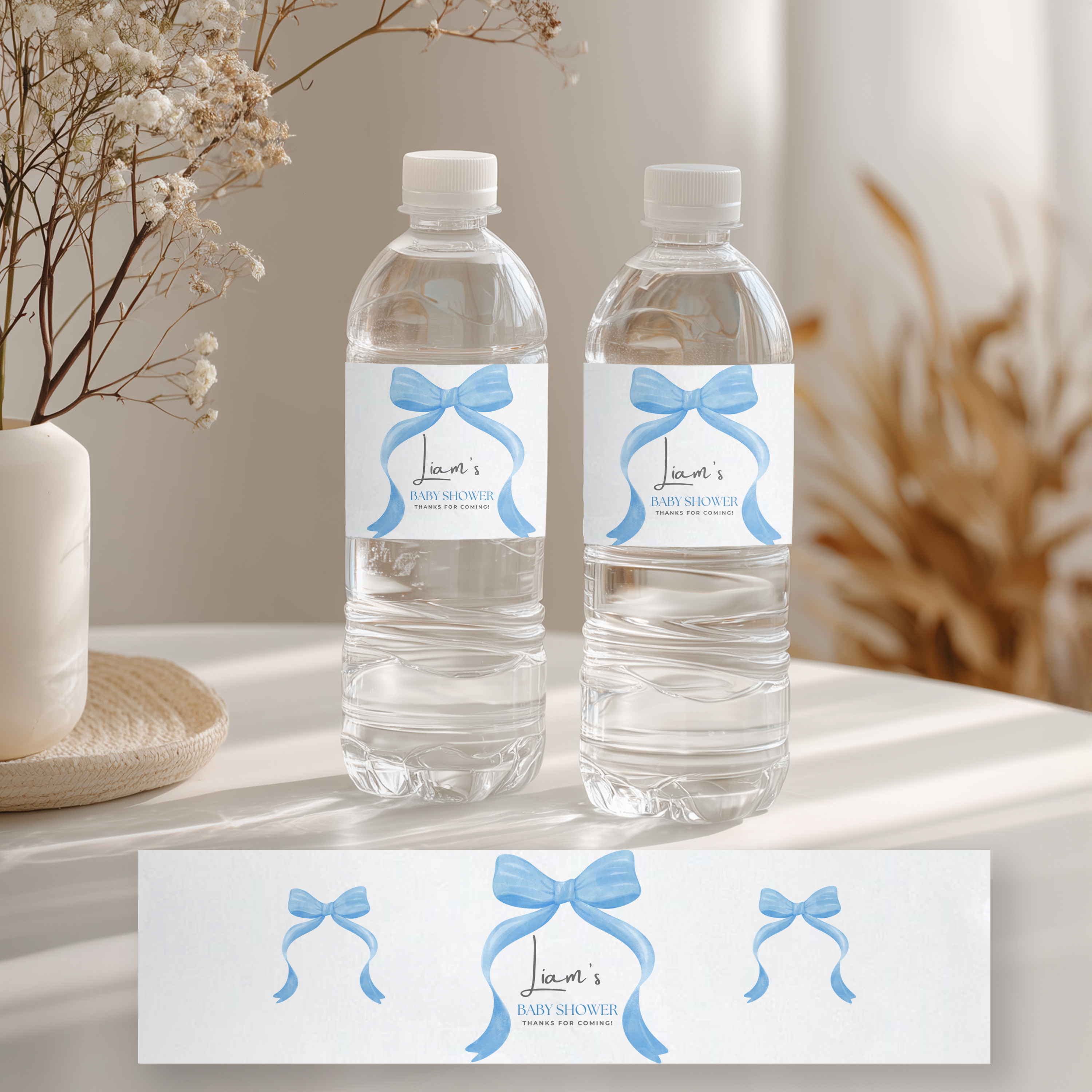 Blue Bow Water Bottle Labels, Baby Boy Baby Shower Label 9304