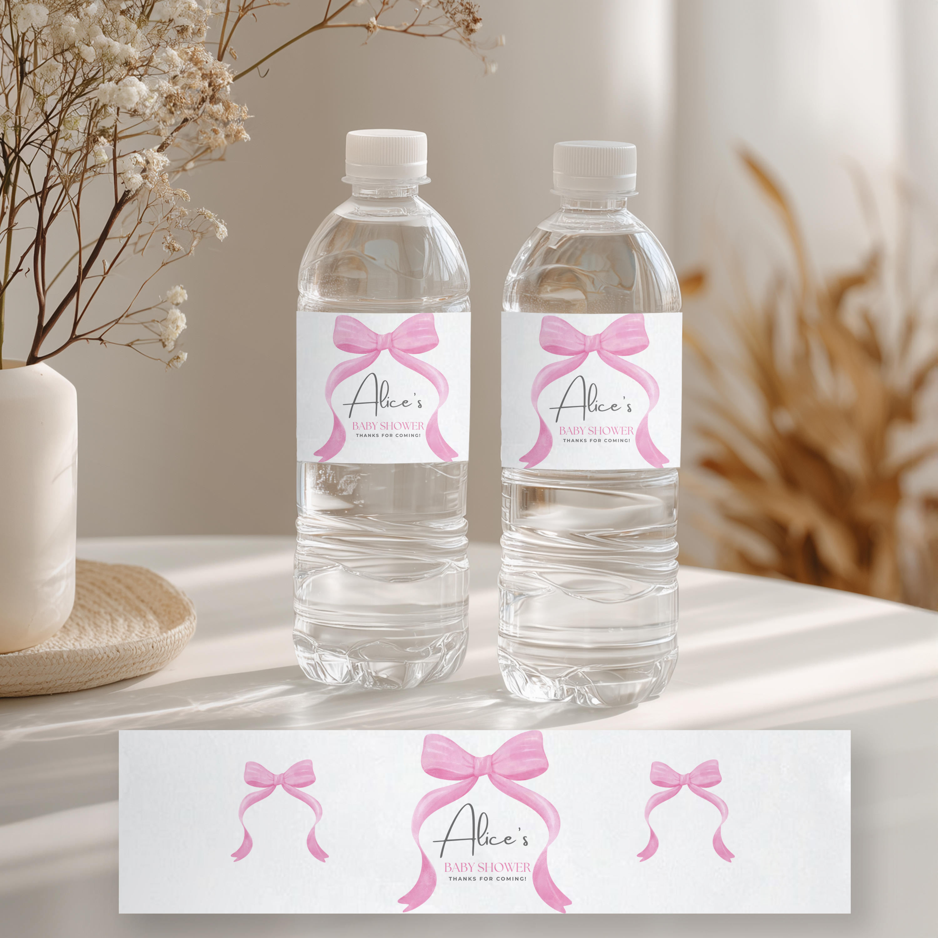 Pink Bow Water Bottle Labels, Baby Girl, Coquette Baby Shower Label 9303