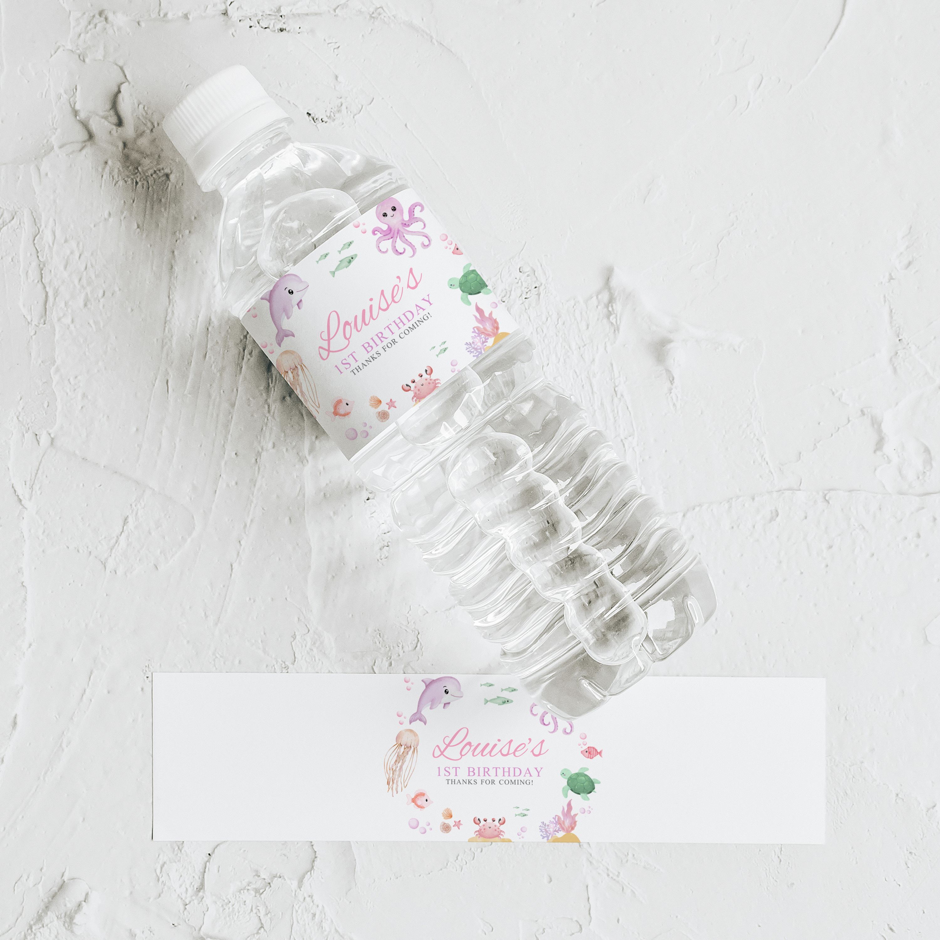 Oneder the sea Water Bottle Labels, Under the sea Pink 1st Birthday Printable Label 9180