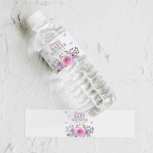 Baby in Bloom Water Bottle Labels, Lilac Flowers Baby Shower Label 9196