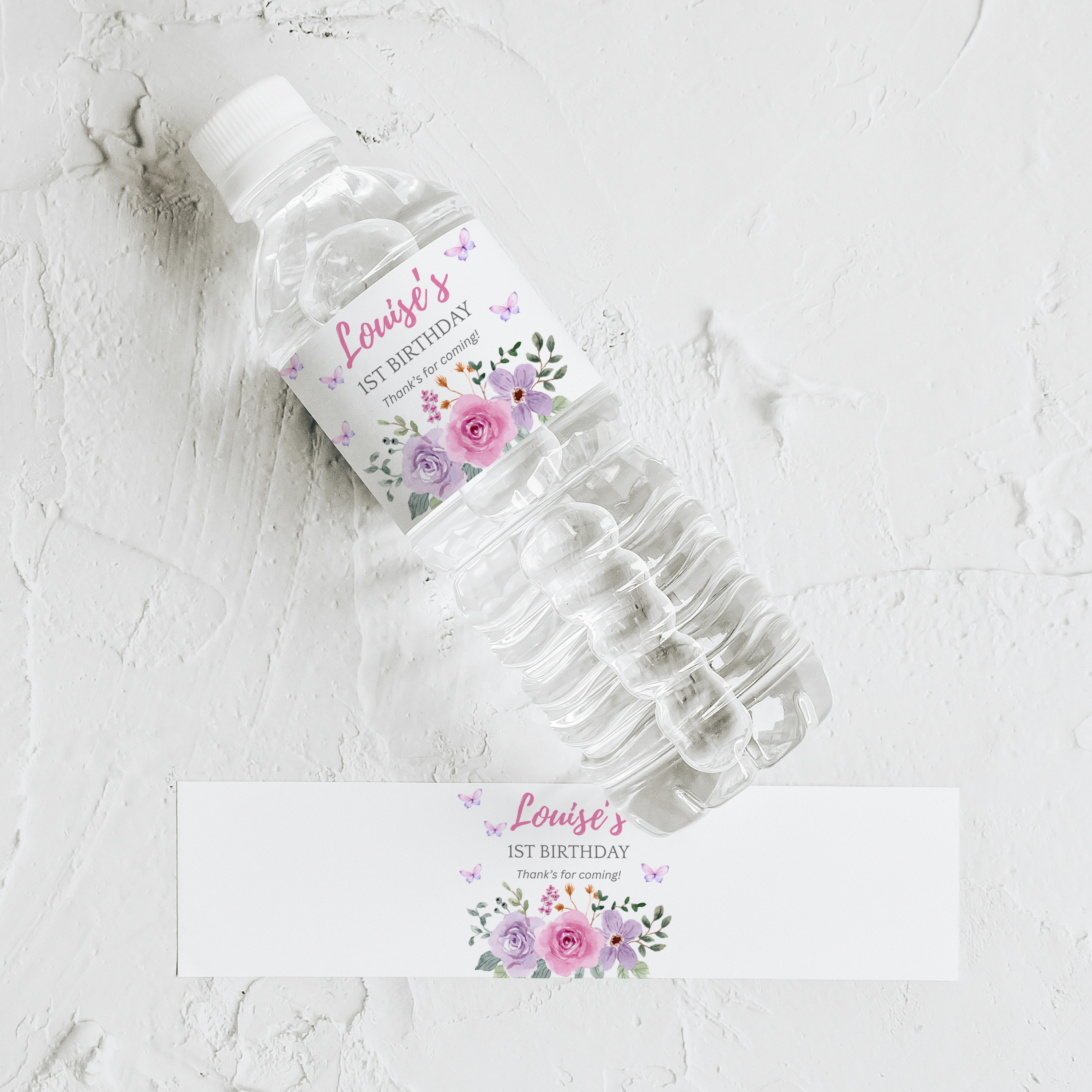 Butterfly Water Bottle Labels, Purple Flowers Birthday Printable Bottle Label 9194