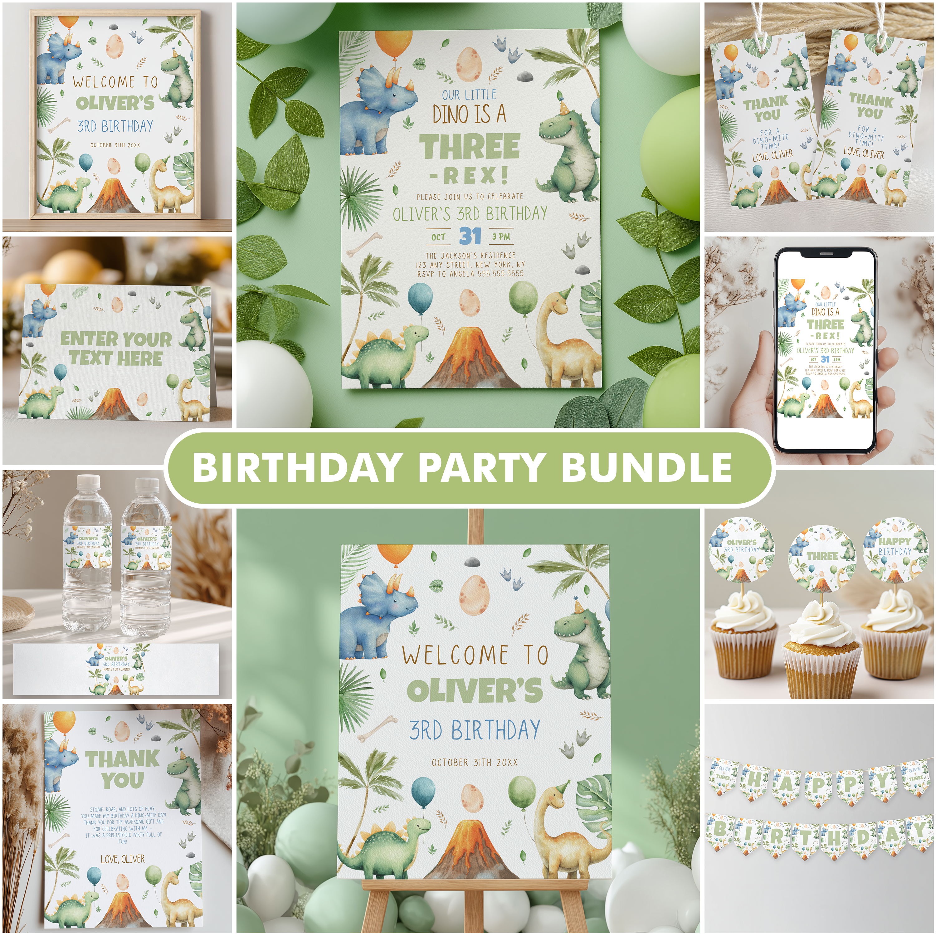 Three Rex 3rd Birthday Bundle, Dinosaur 3rd Birthday Party Invite Bundle, Dinosaur Decoration Party Set, 9166