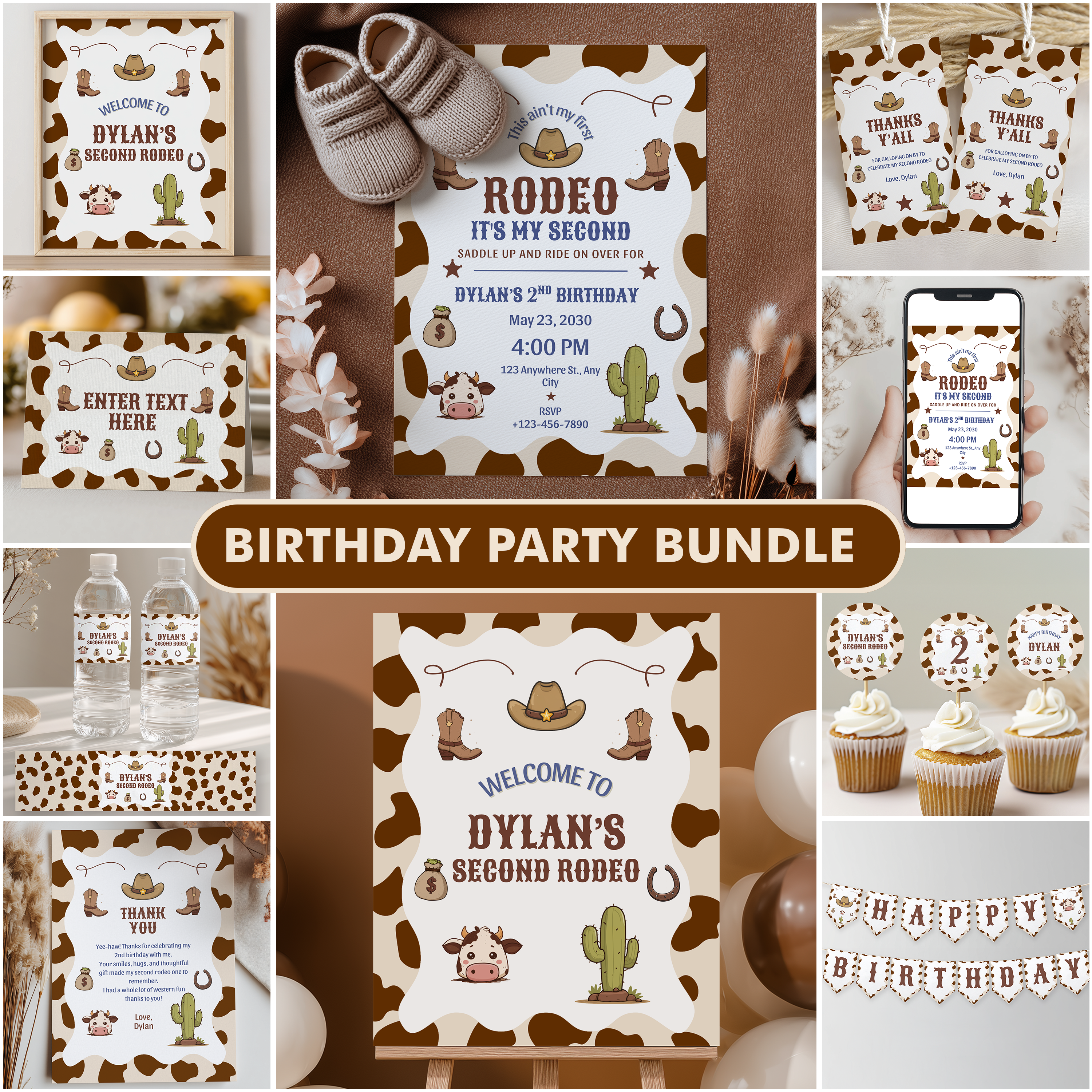 Cowboy Second Rodeo Birthday Party Bundle | 2nd Rodeo Printable Decorations 9184