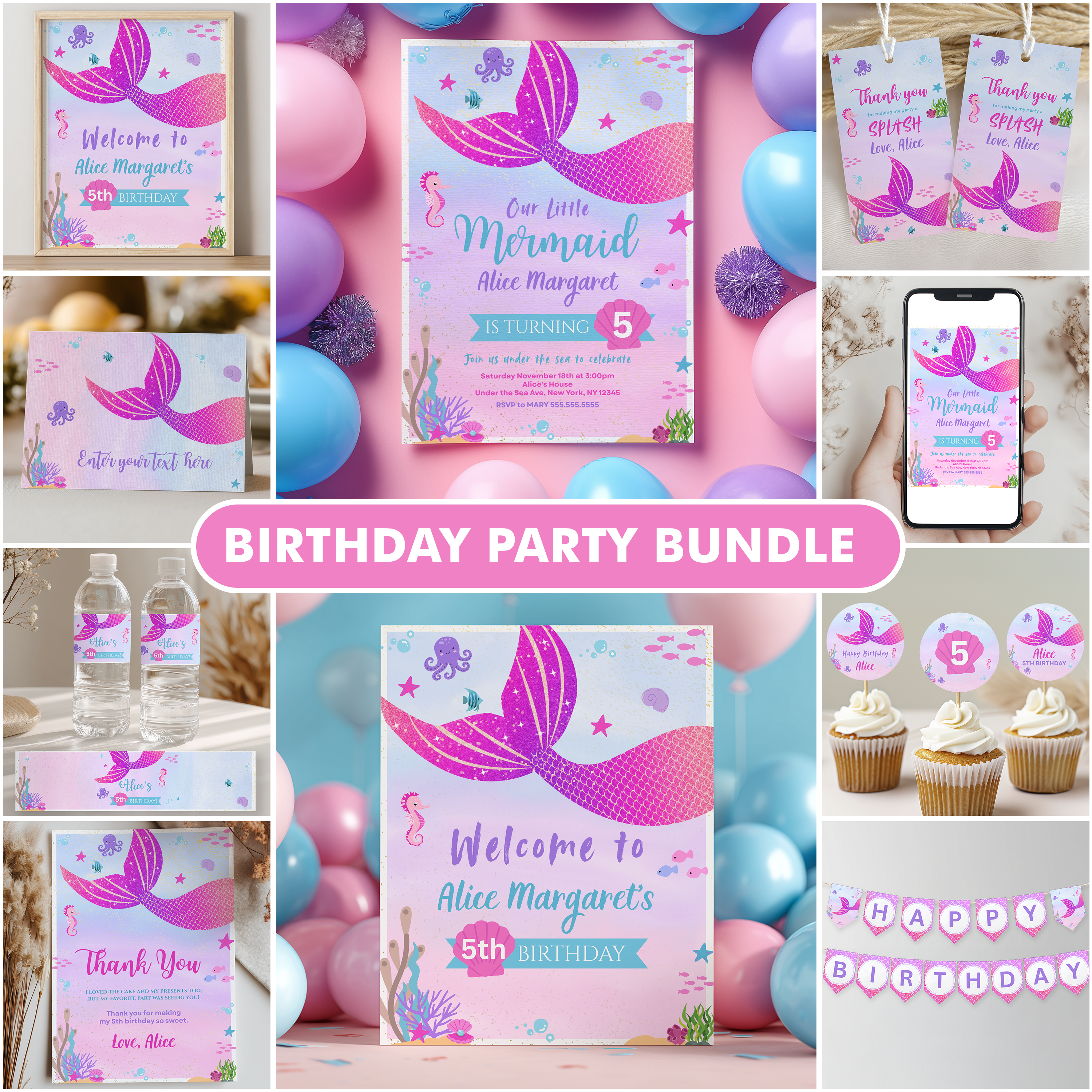Editable Mermaid Birthday Party Decorations | Mermaid Birthday Invitation | Mermaid Party Bundle | Instant Download 9167