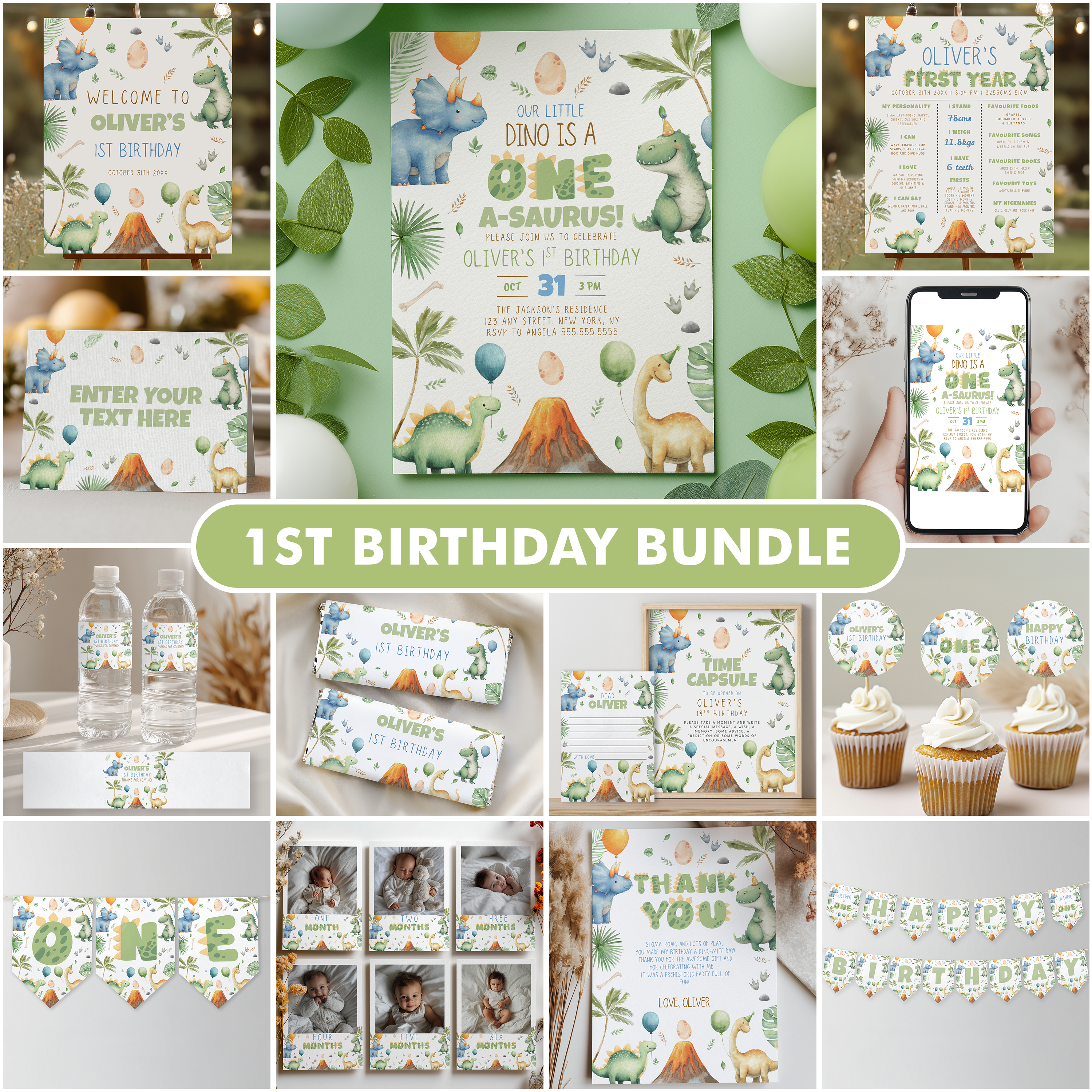Dinosaur 1st Birthday Invitation Bundle, Dinosaur Birthday Invite, 1st Birthday Boy, Dino Party Decorations Printable, Dino Birthday 9165