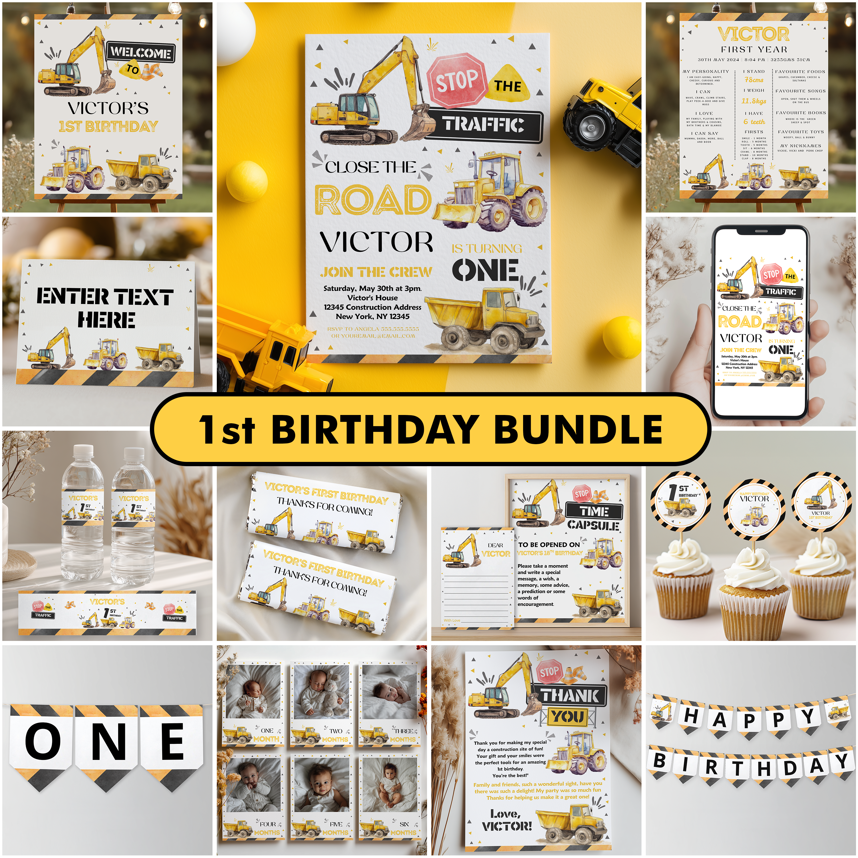 Construction First Birthday Bundle, 1st Birthday Set, Construction Birthday Decorations, Yellow Tractors Birthday Invitation Bundle 9164