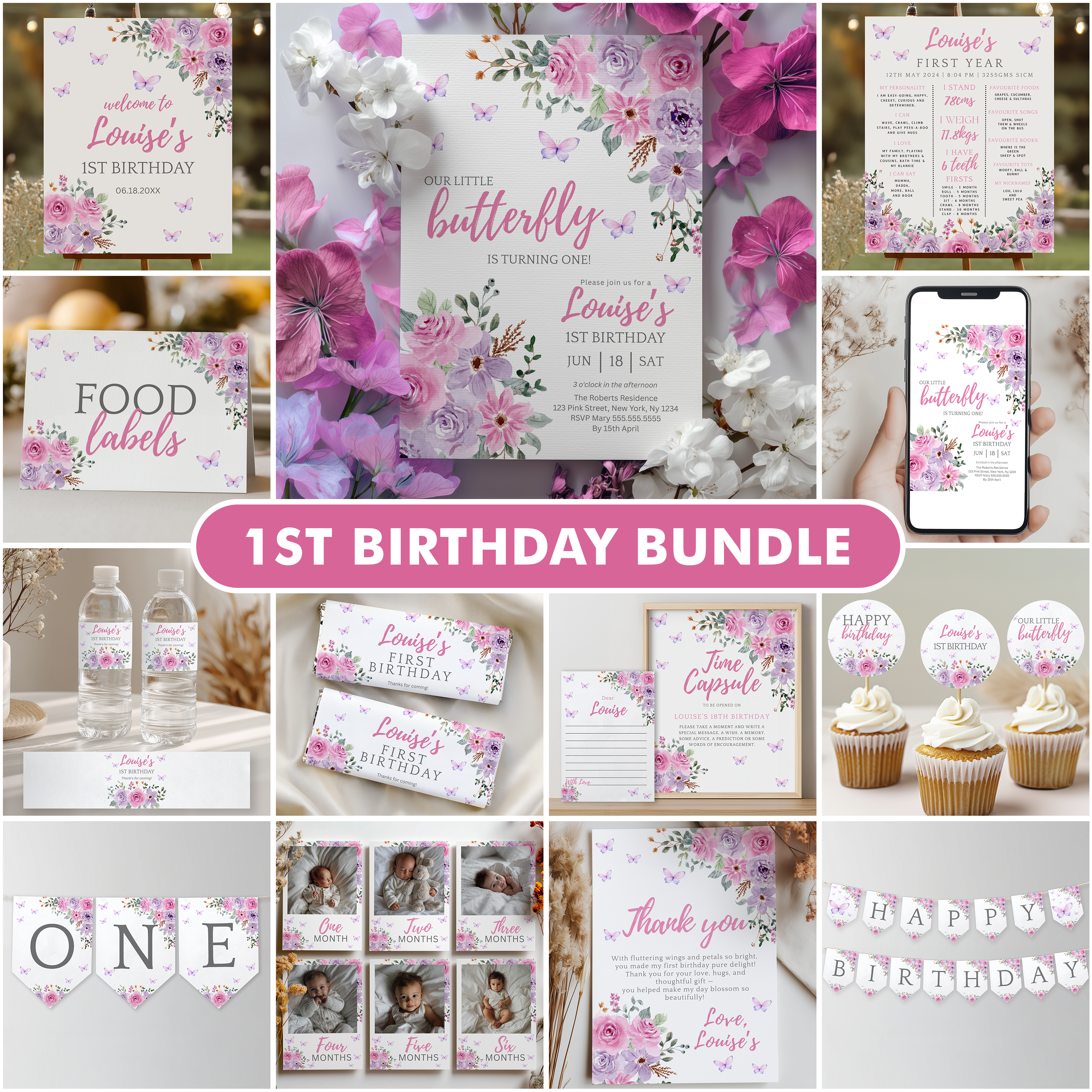 Butterfly Birthday Package Decorations, Purple Flowers 1st Party Bundle, Printable Party Set 9194