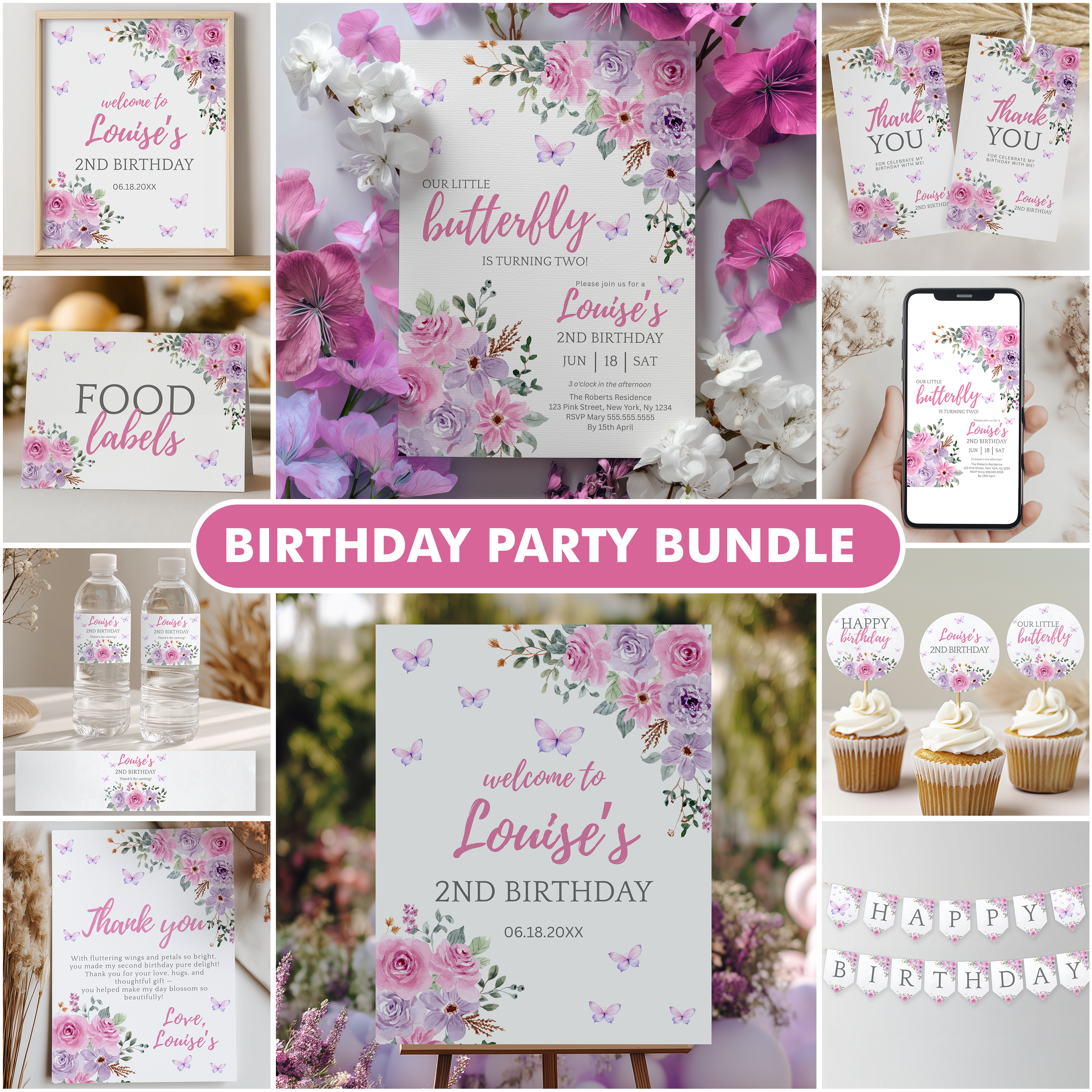 Purple Flowers Birthday Party Decorations | Wildflowers Butterfly Printable Party Bundle 9195