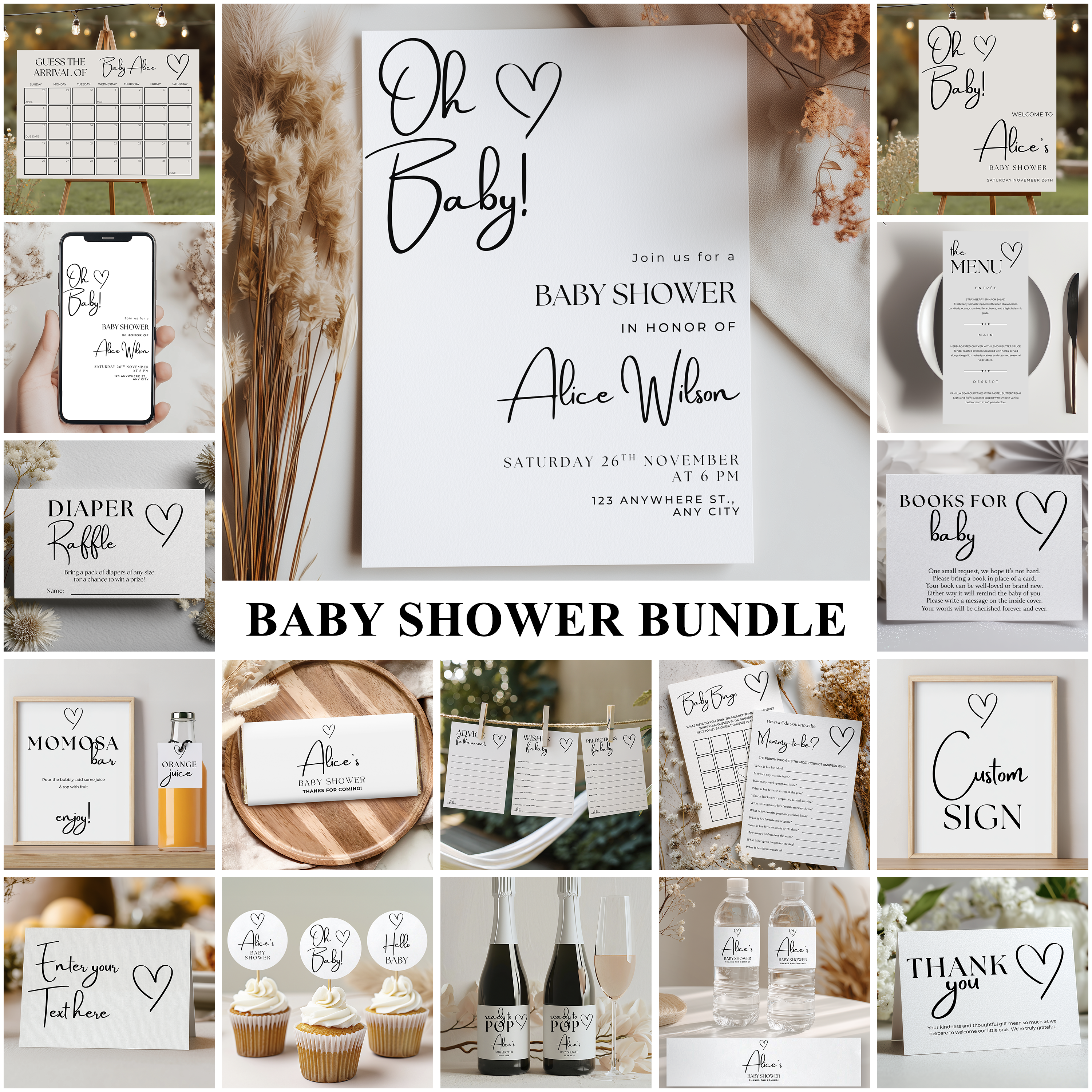 Minimalist Baby Shower Bundle, Simple Invitation Games, Gender Neutral, Modern Party Set Decoration 9302