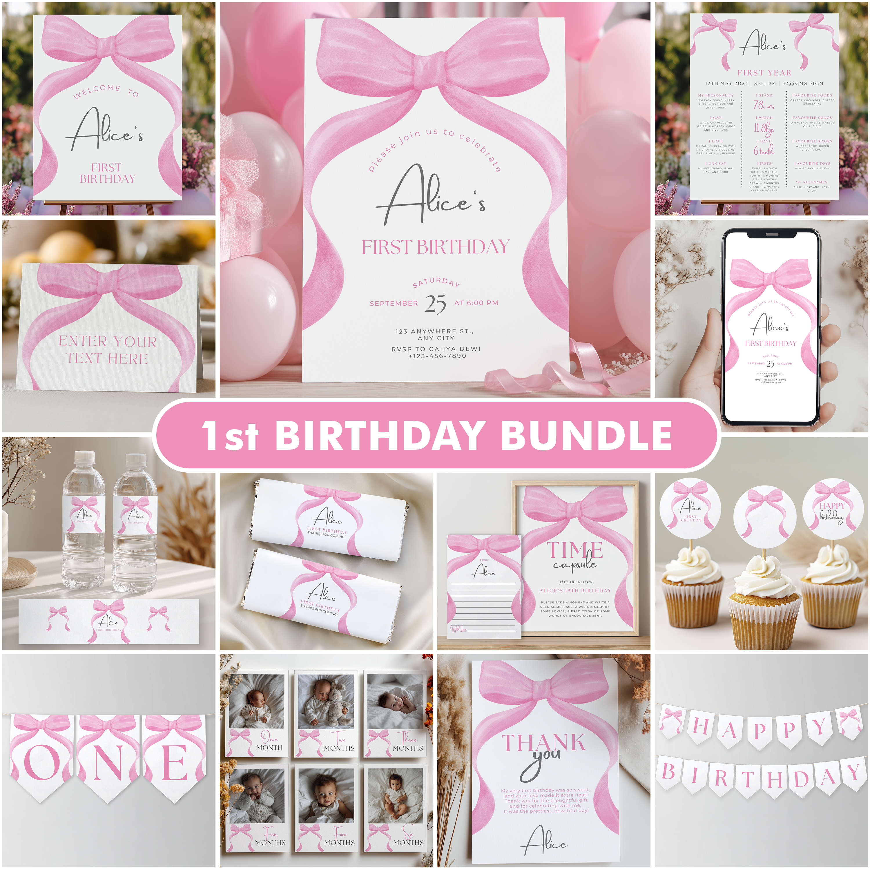 Pink Bow 1st Birthday Decorations, Pink Bow Party Package Birthday, First Birthday Pink Bundle Party , Template Download 9156