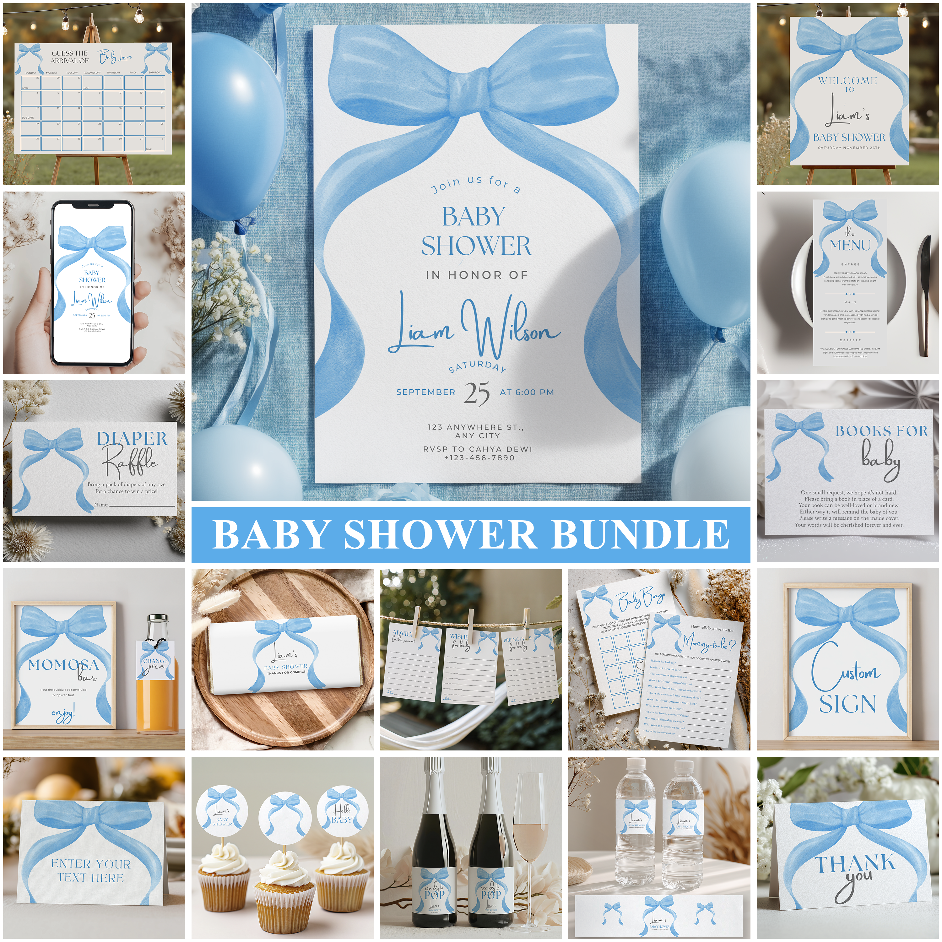 Blue bow Baby Shower Bundle, Party Set Decoration 9304