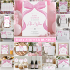 Pink Bow Baby Shower Bundle, Invitation Games, Coquette Baby Girl, Party Set Decoration 9303