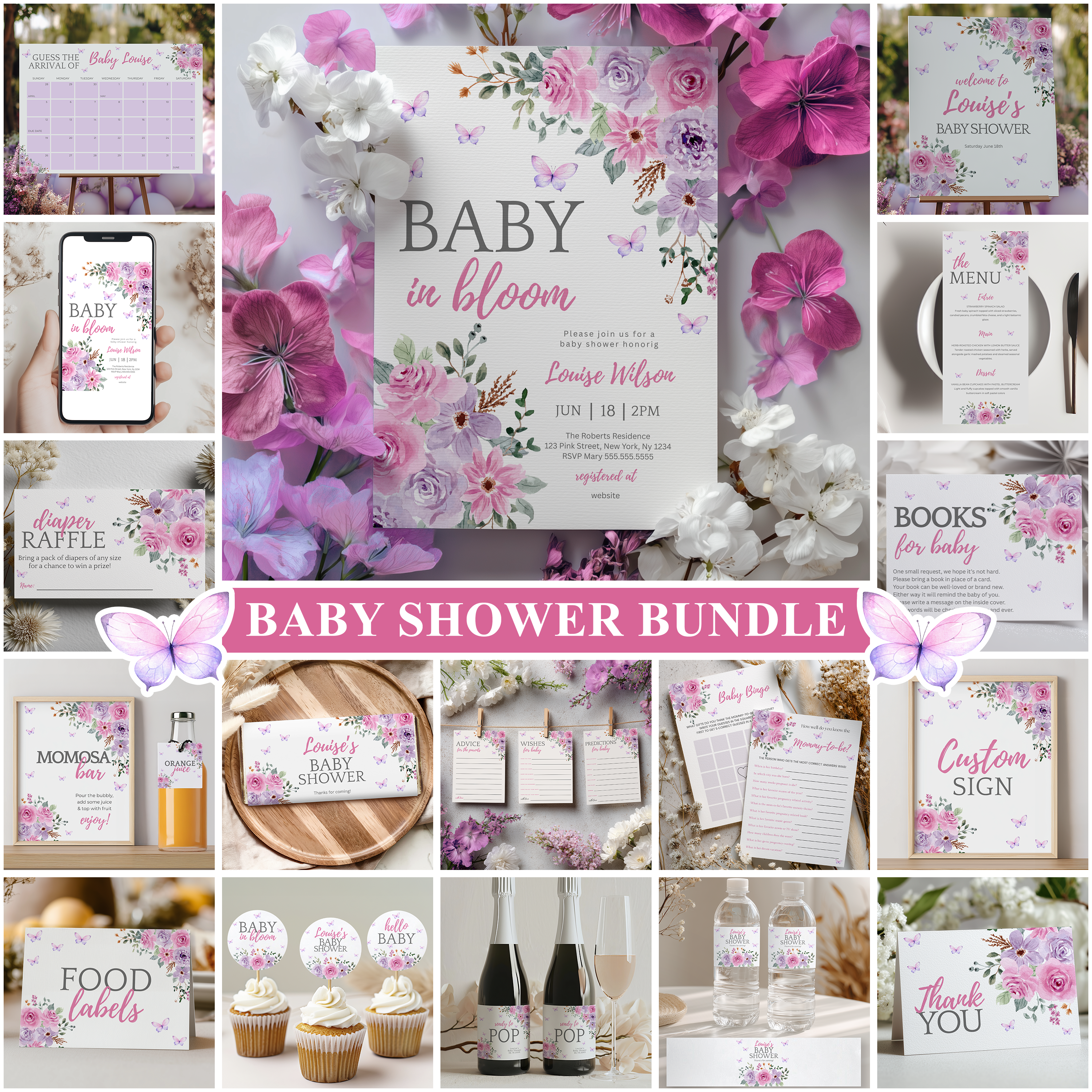 Baby in Bloom Baby Shower Invitation Bundle, Butterfly Wildflower Editable Games 9196