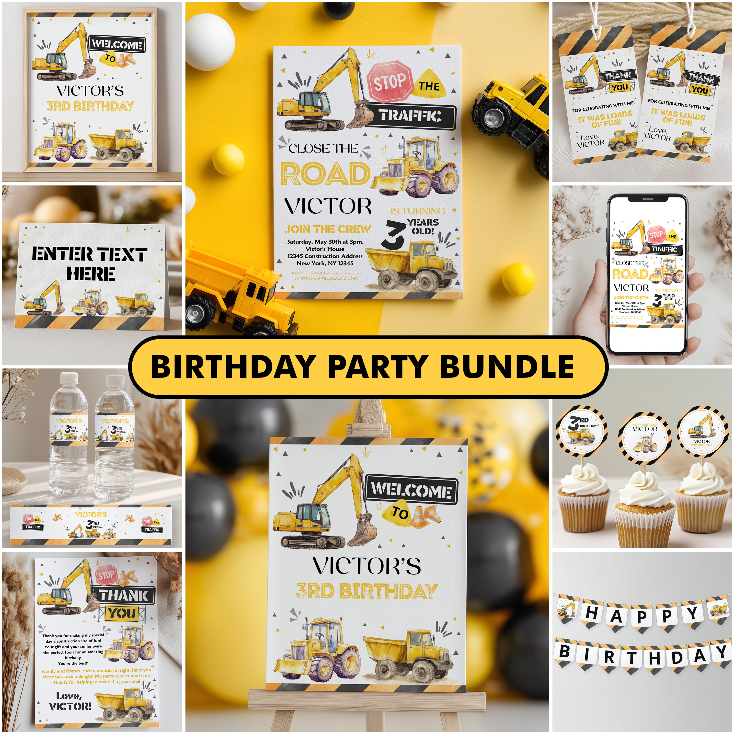 Editable Construction Party Decorations, Dump Truck Package Birthday, Boy Bundle Template Digital Download 9152