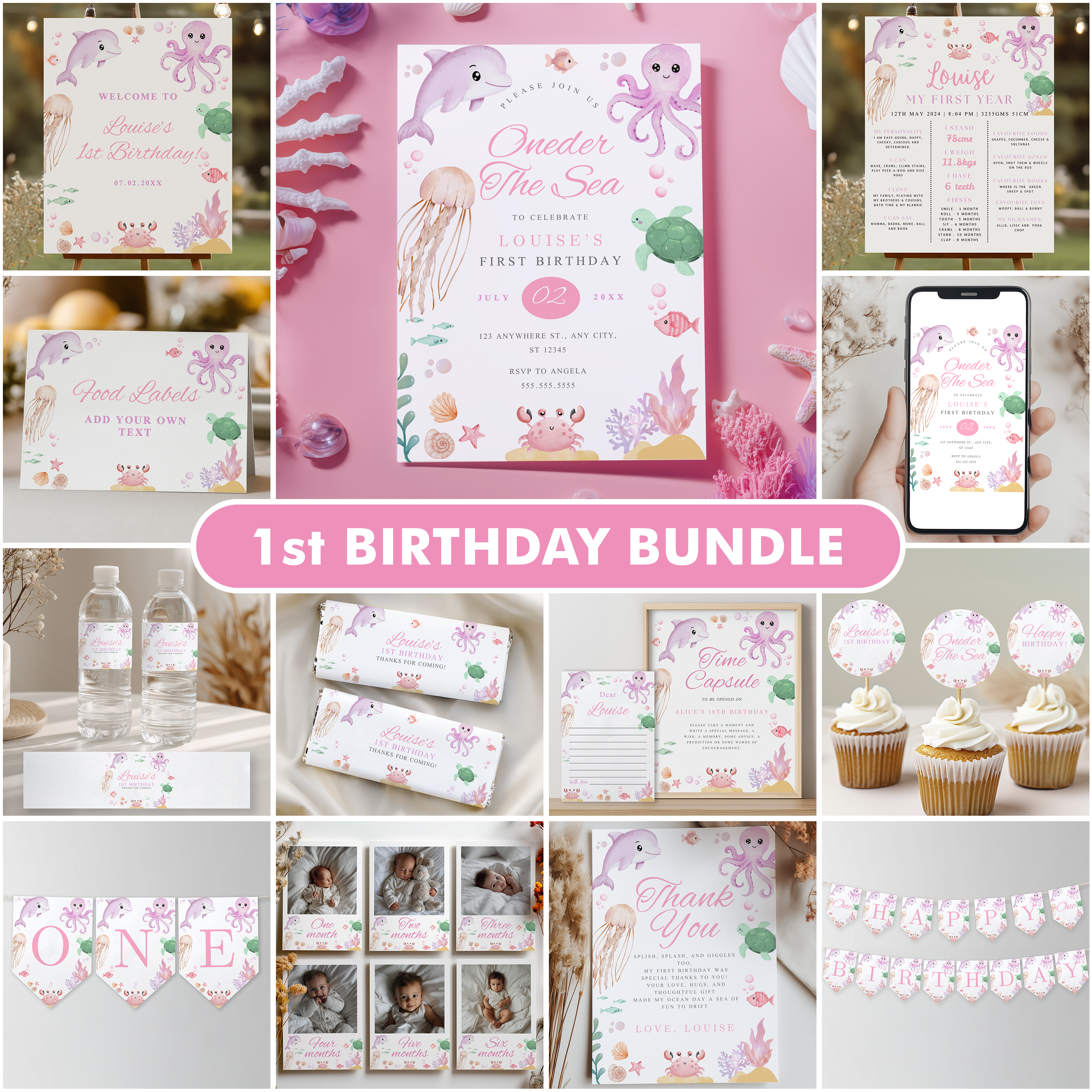 Oneder the sea Birthday Decorations, Under the sea Pink 1st Party Bundle 9180
