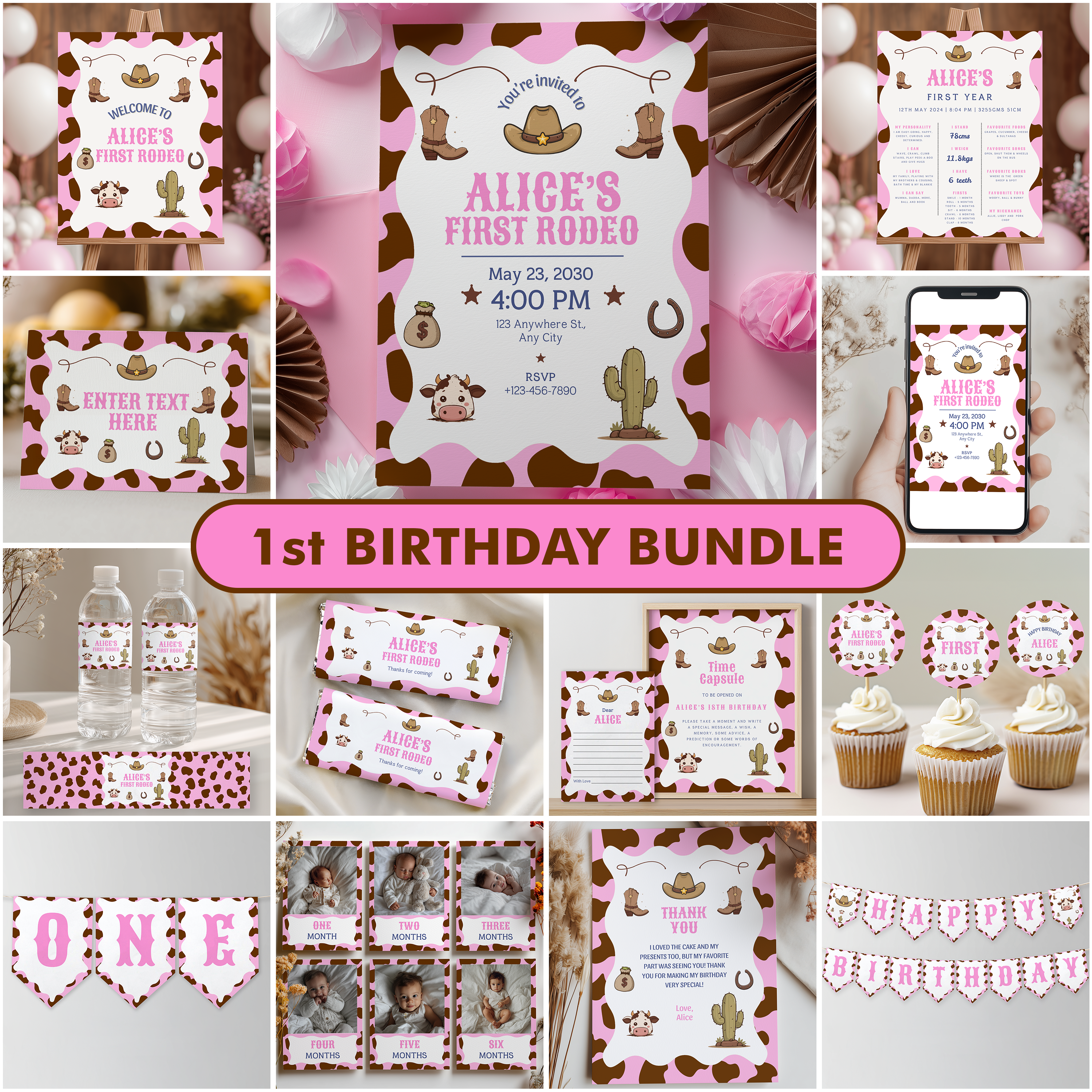 Editable First Rodeo Cowgirl Party Decorations | First Rodeo Cowgirl Birthday Bundle | First Rodeo Cowgirl Party Set | Instant Download 8538
