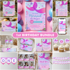 Mermaid First Birthday Bundle, 1st Birthday Party Set, Mermaid First Birthday Decorations, Mermaid Birthday Bundle, Mermaid Decorations 9168