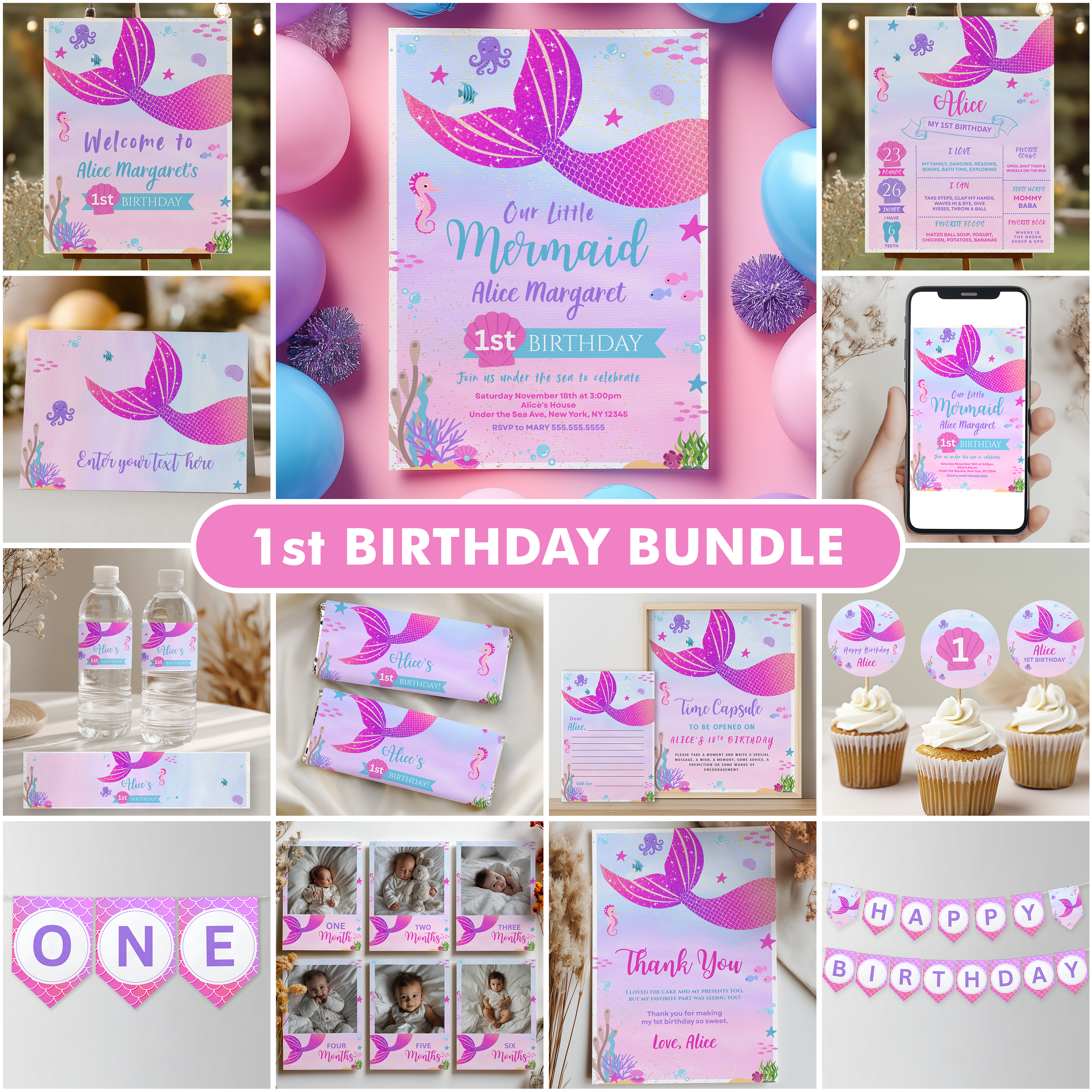 Mermaid First Birthday Bundle, 1st Birthday Party Set, Mermaid First Birthday Decorations, Mermaid Birthday Bundle, Mermaid Decorations 9168