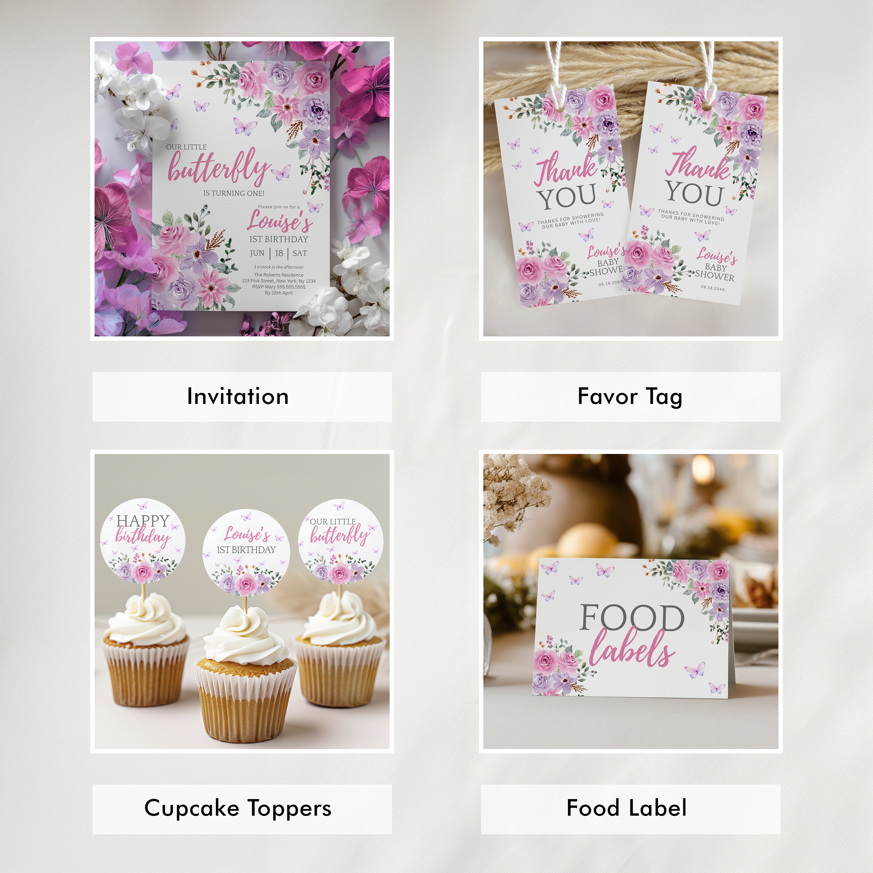 Butterfly Birthday Package Decorations, Purple Flowers 1st Party Bundle, Printable Party Set 9194