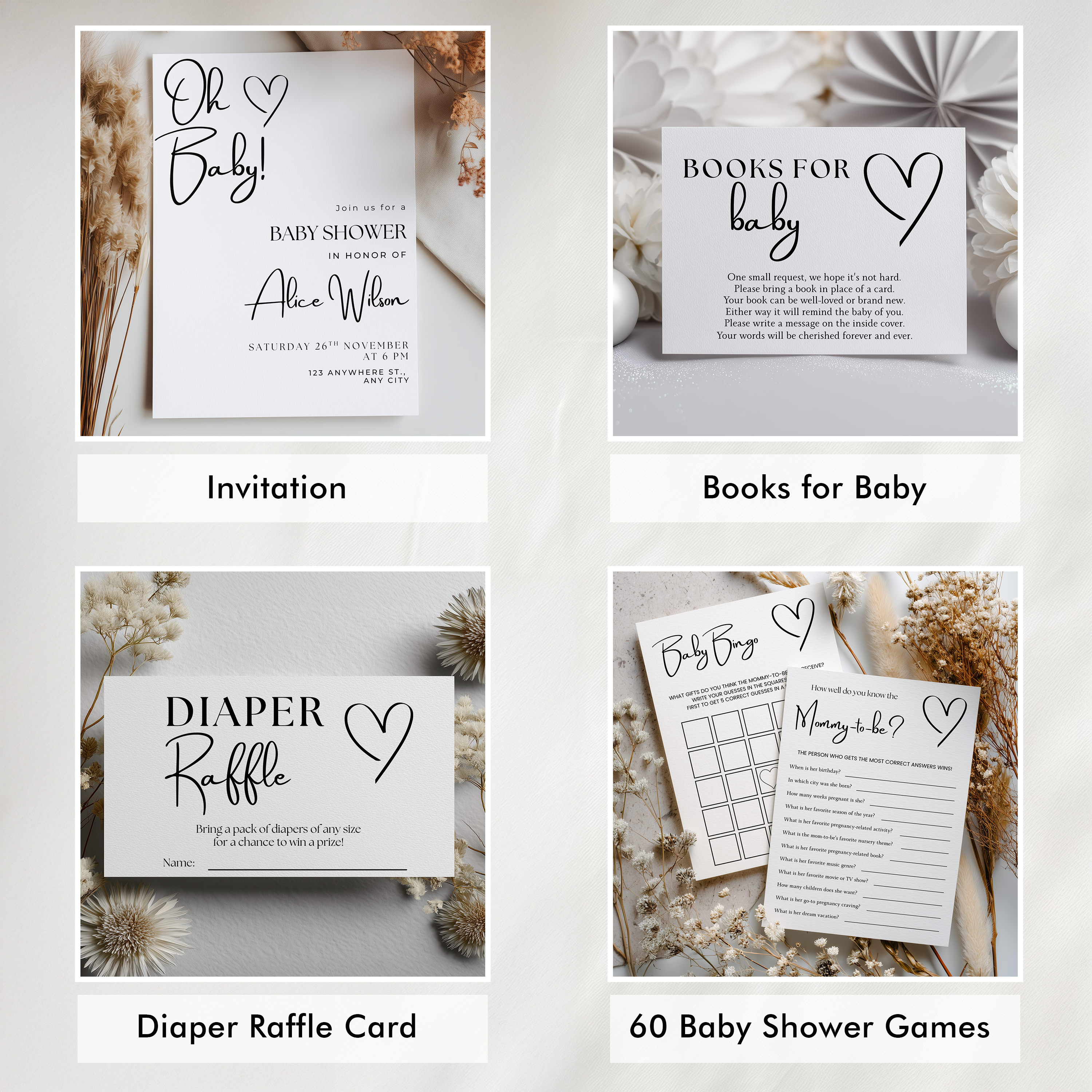 Minimalist Baby Shower Bundle, Simple Invitation Games, Gender Neutral, Modern Party Set Decoration 9302