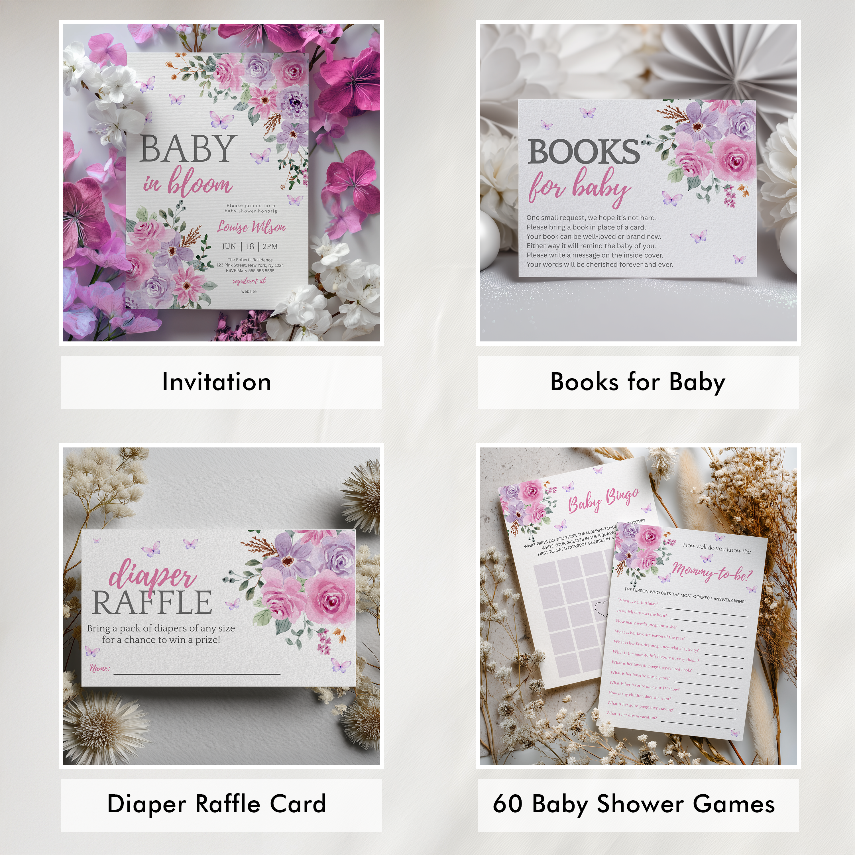 Baby in Bloom Baby Shower Invitation Bundle, Butterfly Wildflower Editable Games 9196