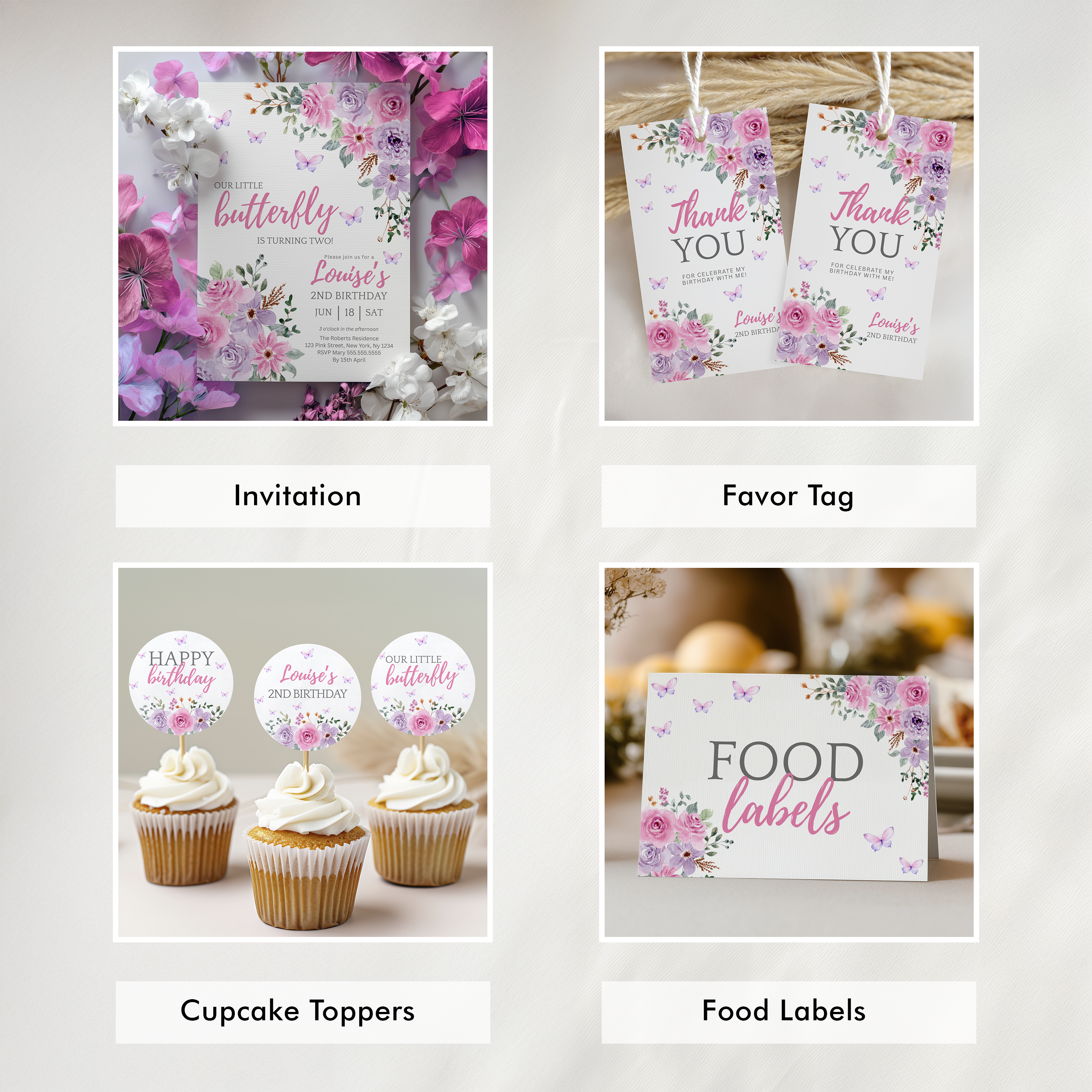 Purple Flowers Birthday Party Decorations | Wildflowers Butterfly Printable Party Bundle 9195