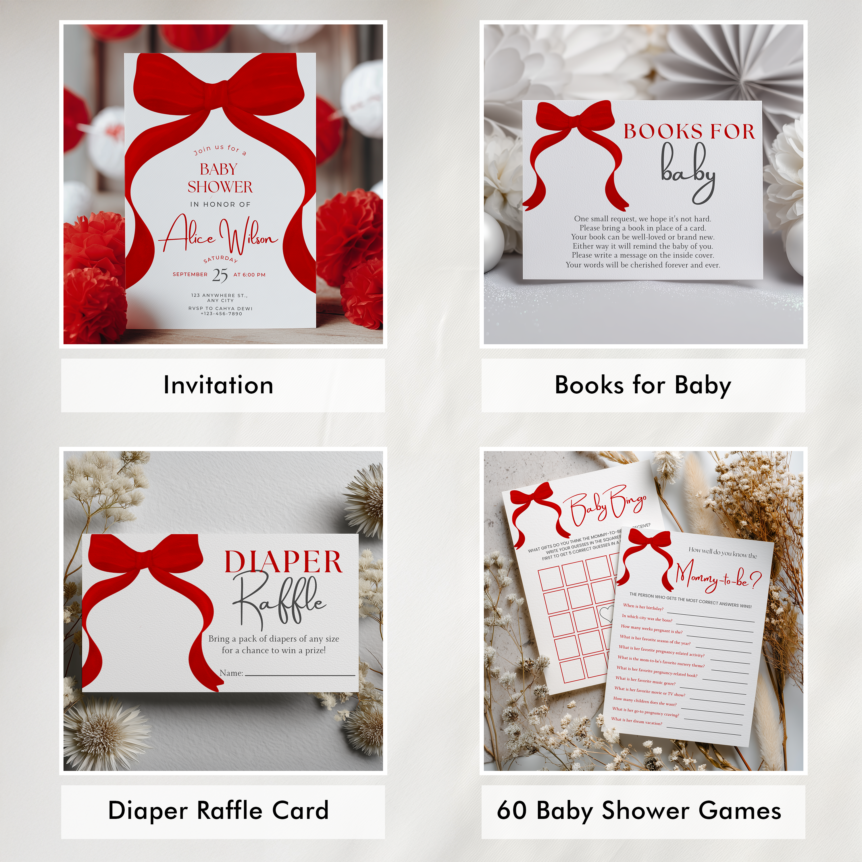 Red Bow Baby Shower Printable Bundle, Red Coquette Invitation Games, Gender Neutral Decoration 9301