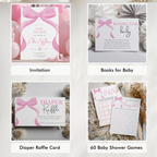 Pink Bow Baby Shower Bundle, Invitation Games, Coquette Baby Girl, Party Set Decoration 9303