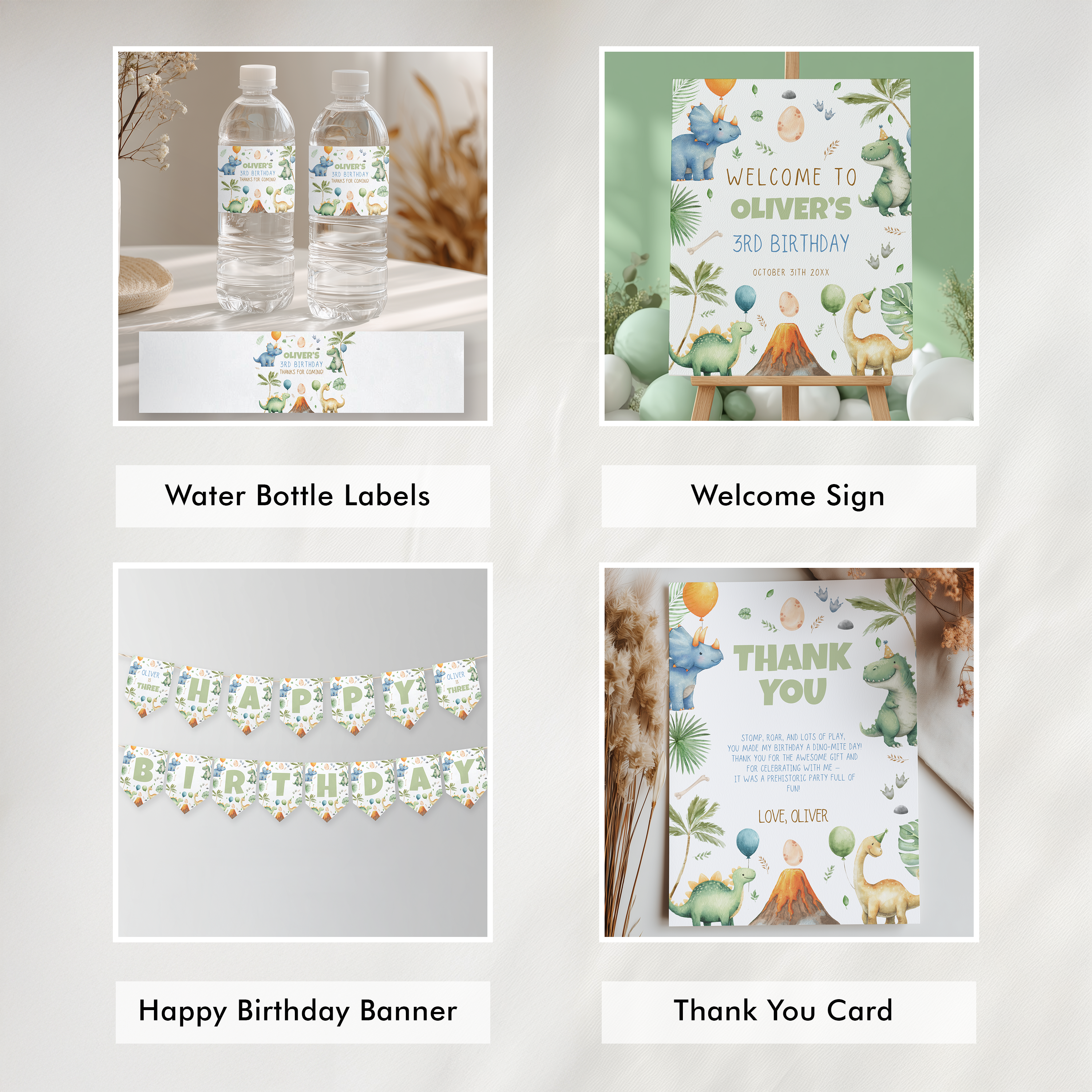 Three Rex 3rd Birthday Bundle, Dinosaur 3rd Birthday Party Invite Bundle, Dinosaur Decoration Party Set, 9166