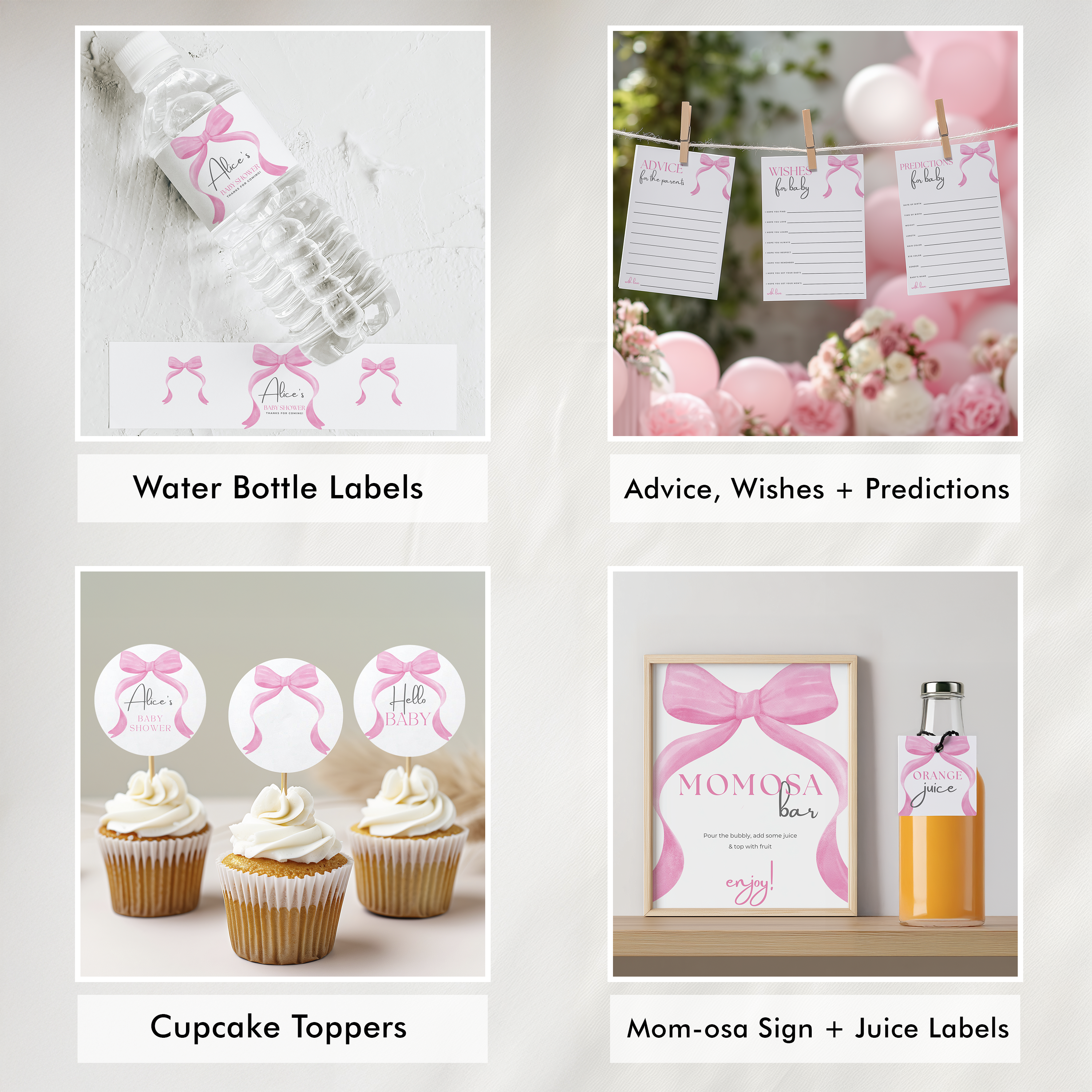 Pink Bow Baby Shower Bundle, Invitation Games, Coquette Baby Girl, Party Set Decoration 9303