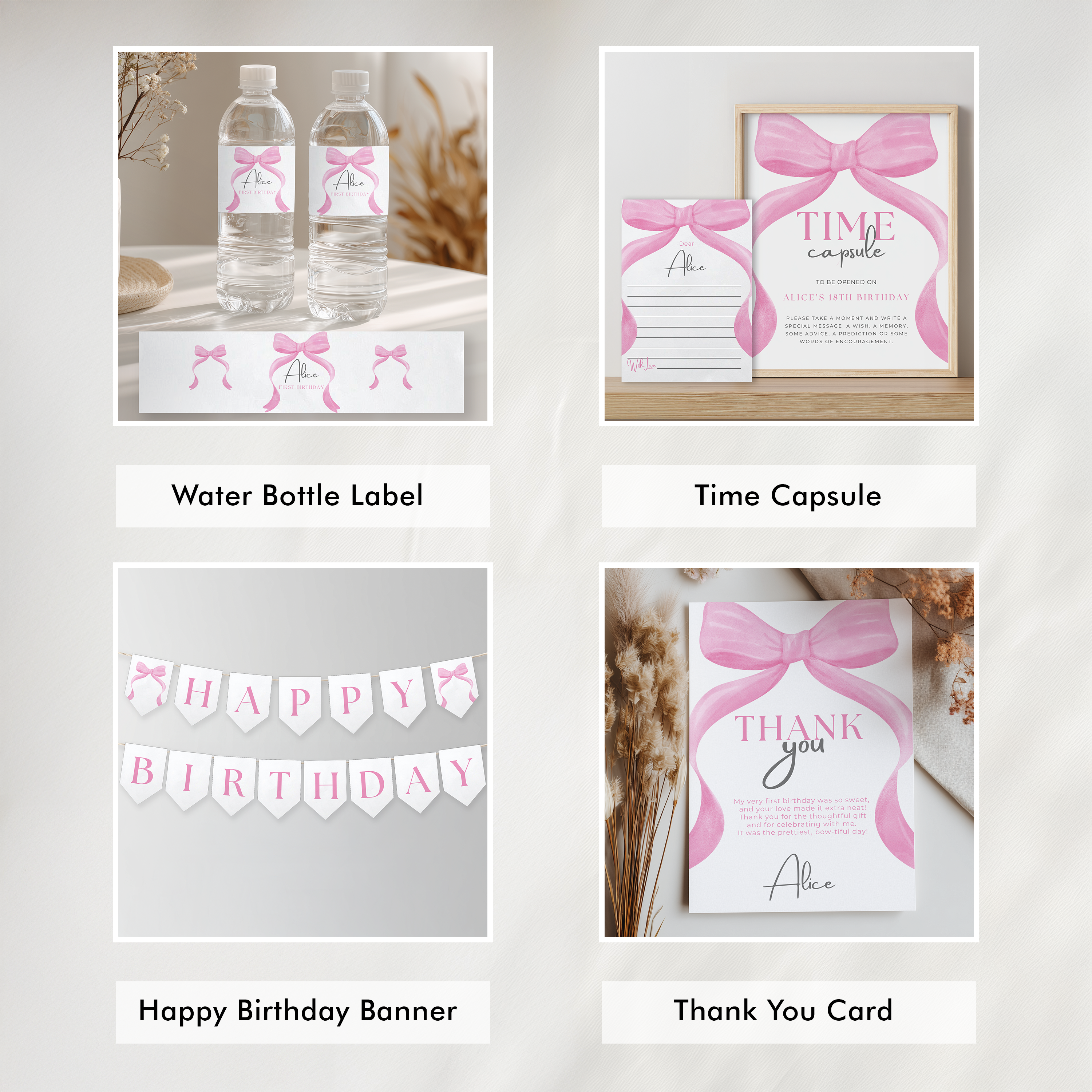Pink Bow 1st Birthday Decorations, Pink Bow Party Package Birthday, First Birthday Pink Bundle Party , Template Download 9156
