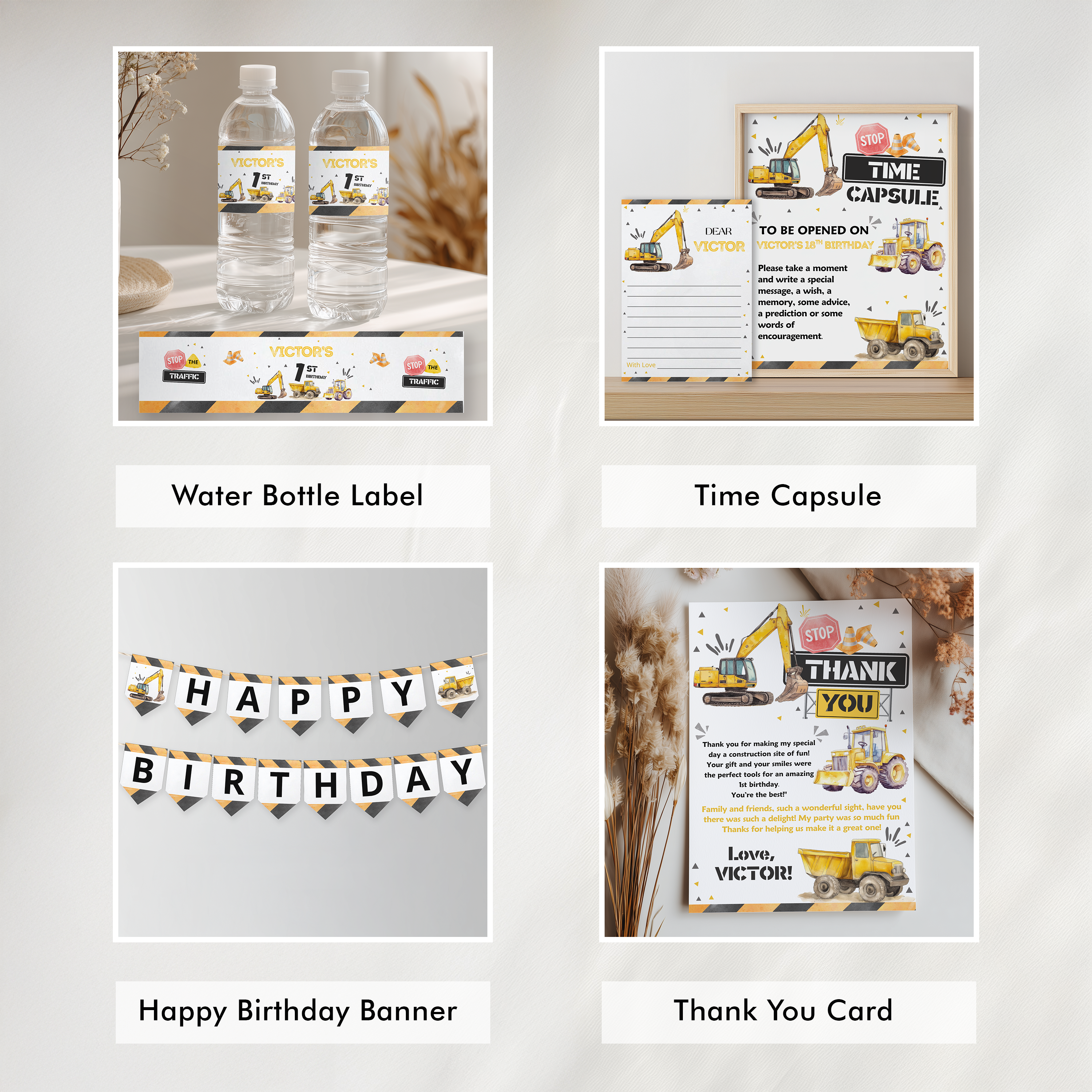 Construction First Birthday Bundle, 1st Birthday Set, Construction Birthday Decorations, Yellow Tractors Birthday Invitation Bundle 9164