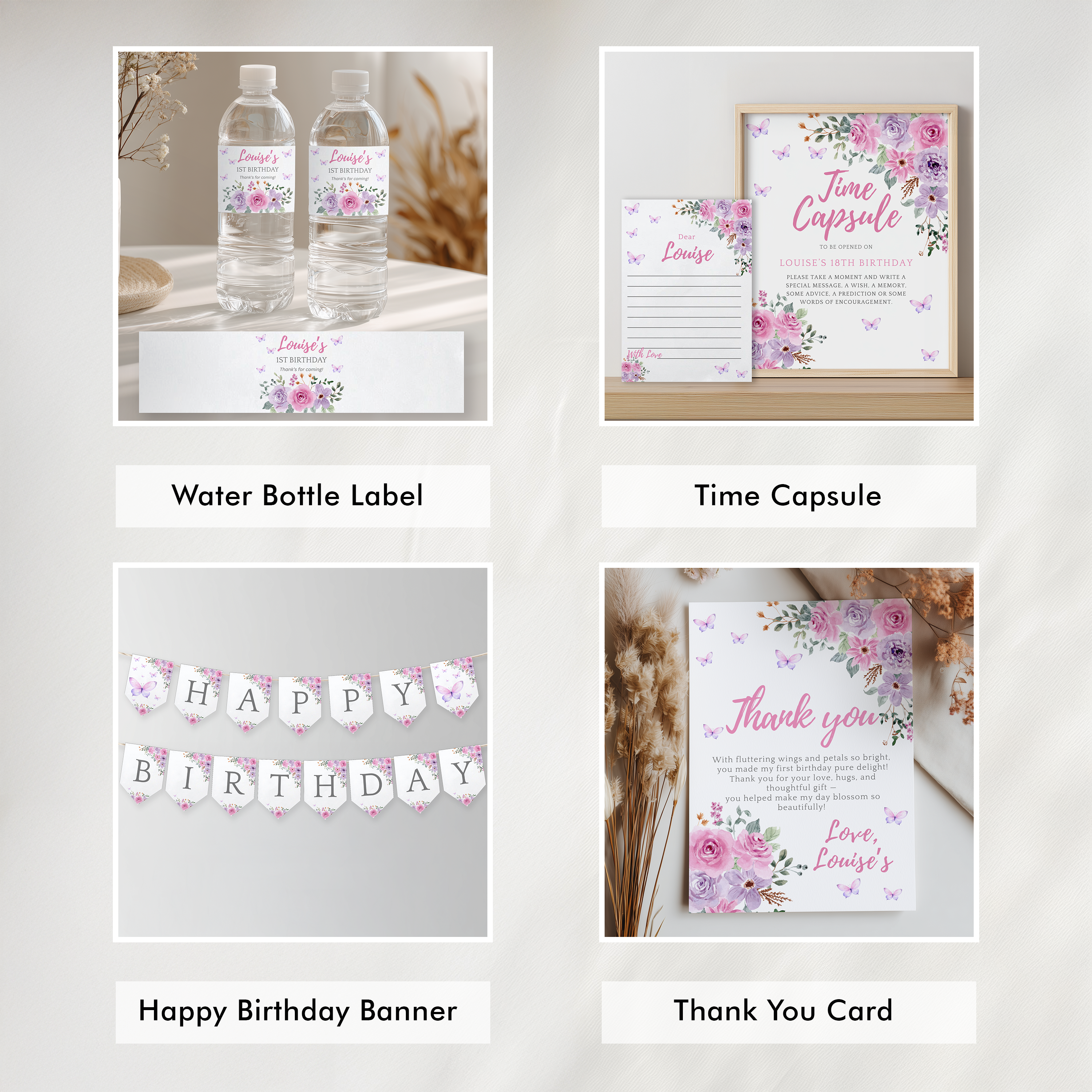 Butterfly Birthday Package Decorations, Purple Flowers 1st Party Bundle, Printable Party Set 9194