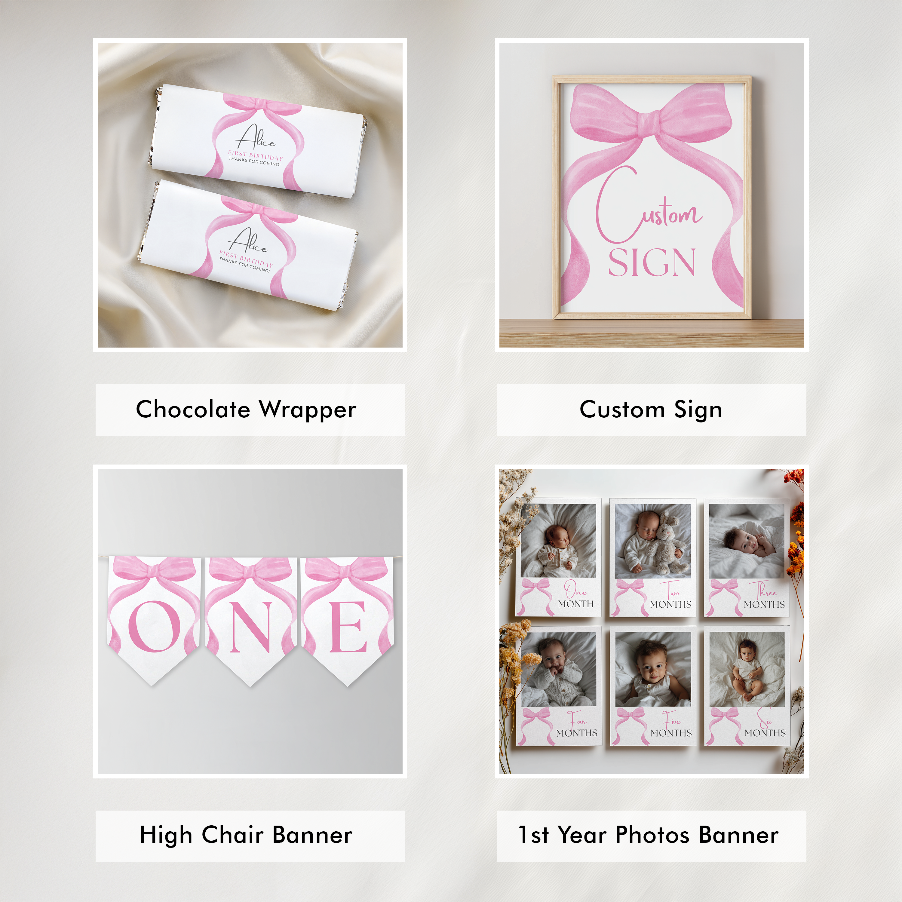 Pink Bow 1st Birthday Decorations, Pink Bow Party Package Birthday, First Birthday Pink Bundle Party , Template Download 9156